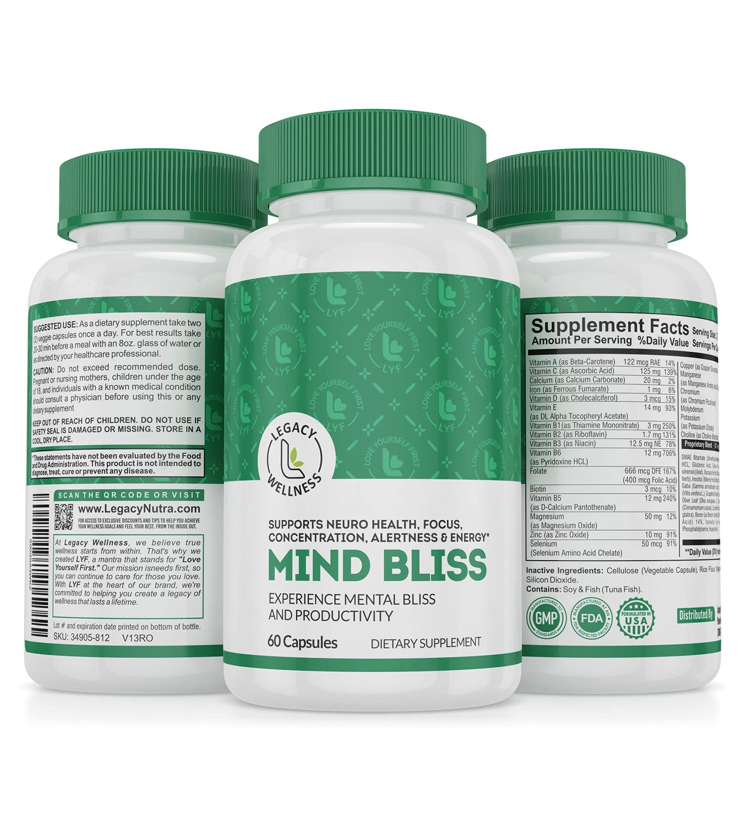 Mind Bliss Brain Supplement | 40-Ingredient Memory & Focus Vitamins | Energy Boost & Nootropic Support | 60 Pills - International Shipping Available - Buy Online on GoSupps.com