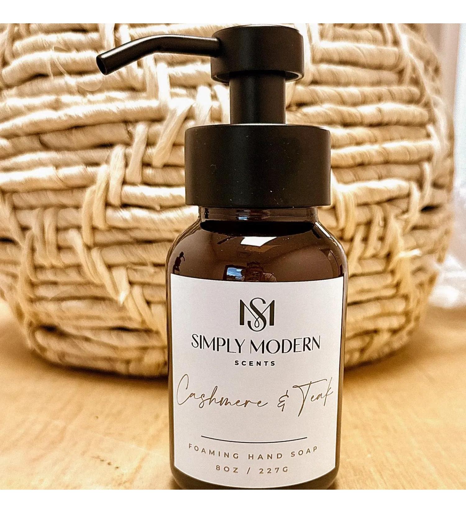 Simply Modern Scents Cashmere & Teak Foaming Hand Soap Amber Glass Bottle with Pump Dispenser 8 Fl Oz Natural Ingredients
