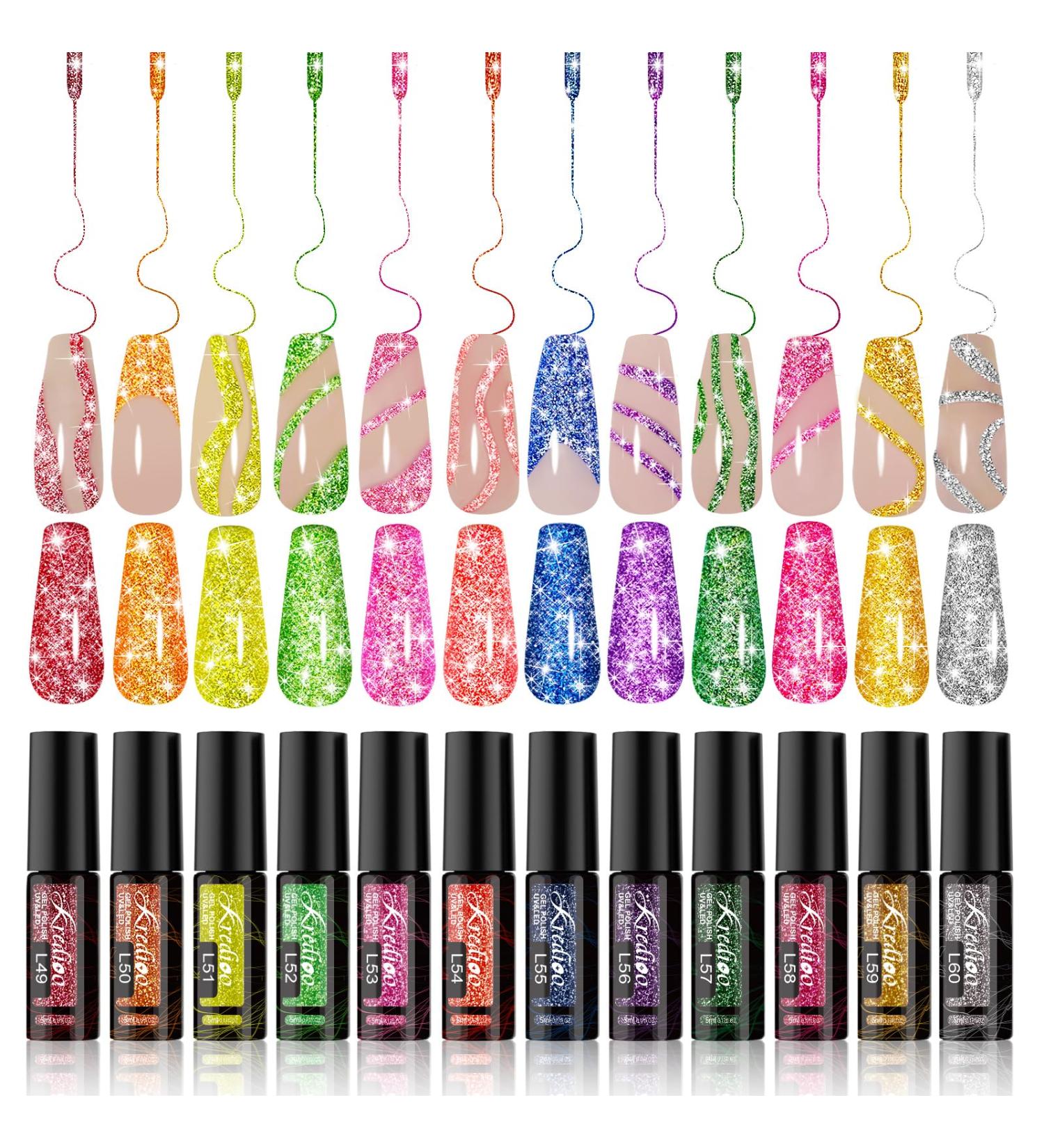 Kredioo Reflective Glitter Gel Nail Polish Gel Liner Nail Art Polish Sparkle Flash Diamond Painted 12 Colors UV Lamp Cured Soak-off Polish Golden Pink Silver Neon DIY Home Salon Manicure Gel Glitter Gel Liner 12 - Buy Online on GoSupps.com
