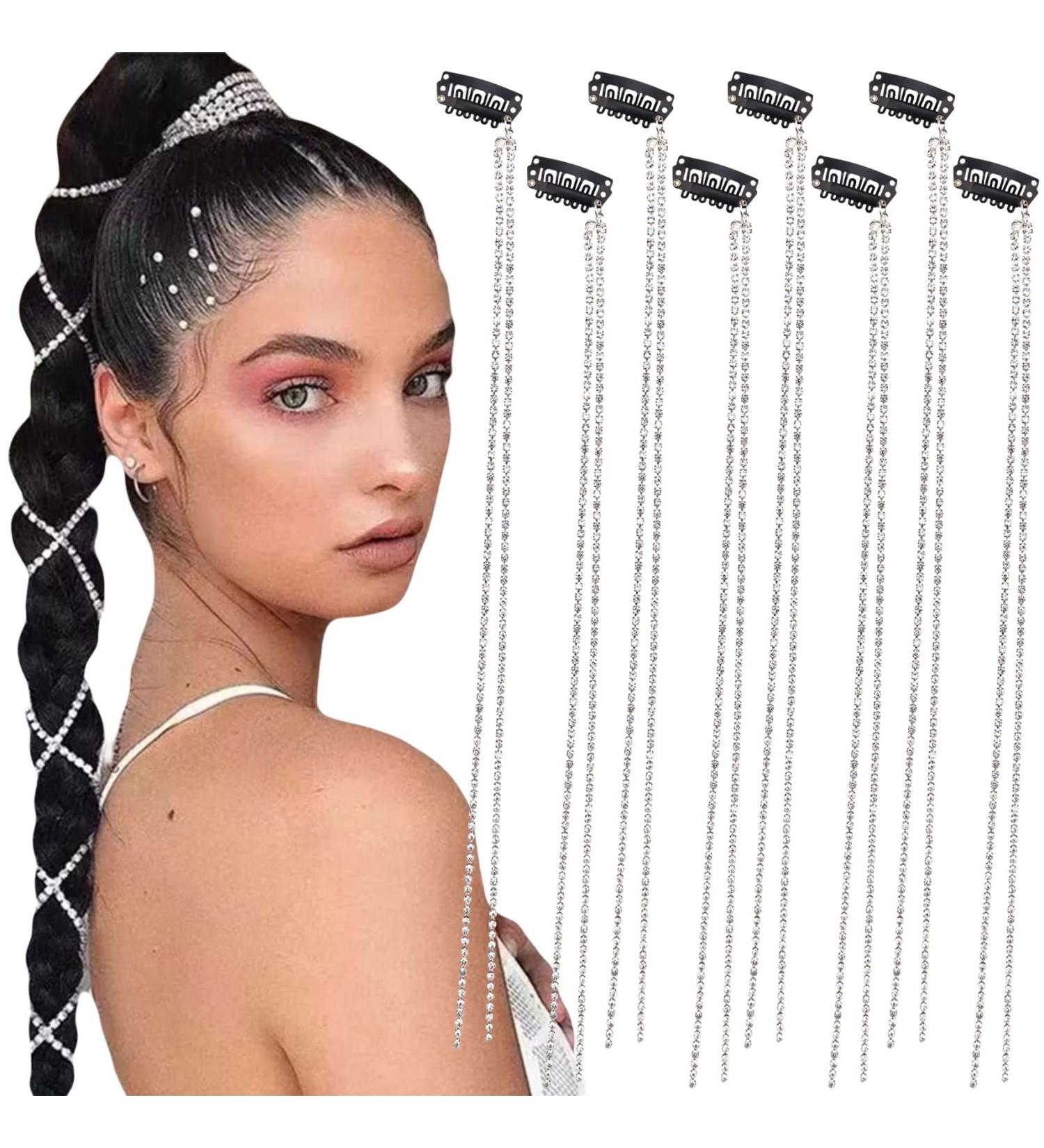 Long Rhinestone Hair Chains 8-Piece Set - Crystal Tassel Hair Clips for Women and Girls | Silver Head Chain for Nightclub Party and Daily Wear - Buy Online on GoSupps.com