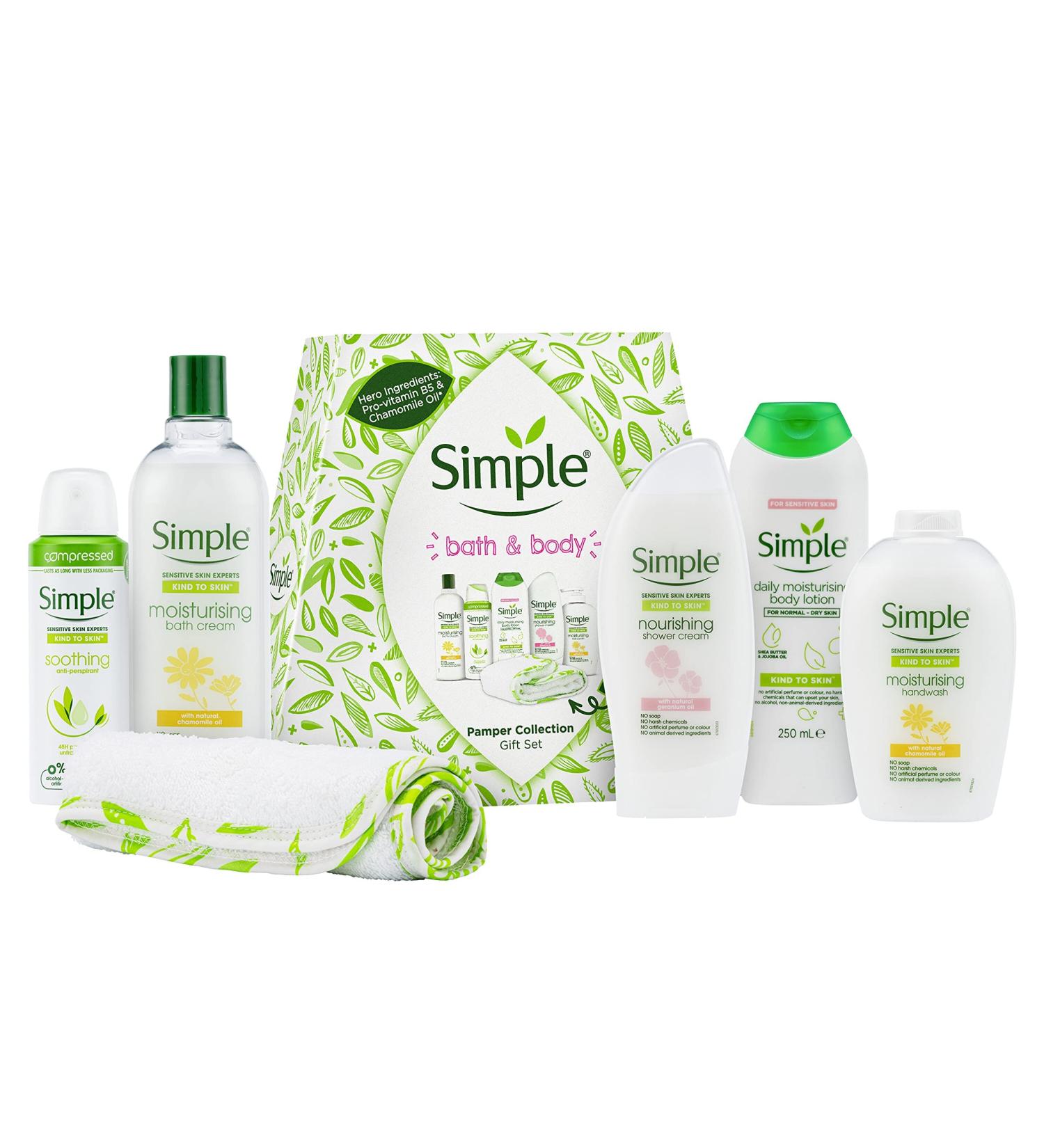 Simple Bath and Body Pamper Moisturising Collection Kind to Skin with a Soft Cotton Body and Face Cloth Gift Set Festive Gifts for Women Piece of 5 - Buy Online on GoSupps.com