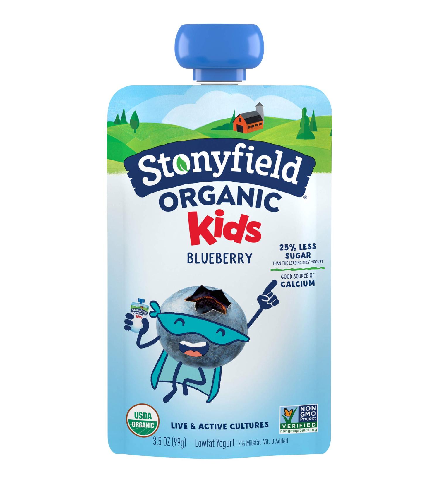 Stonyfield Organic Kids Blueberry Lowfat Yogurt- 3.5 oz Pouch | Single Serve with Live Active Cultures - Buy Online on GoSupps.com