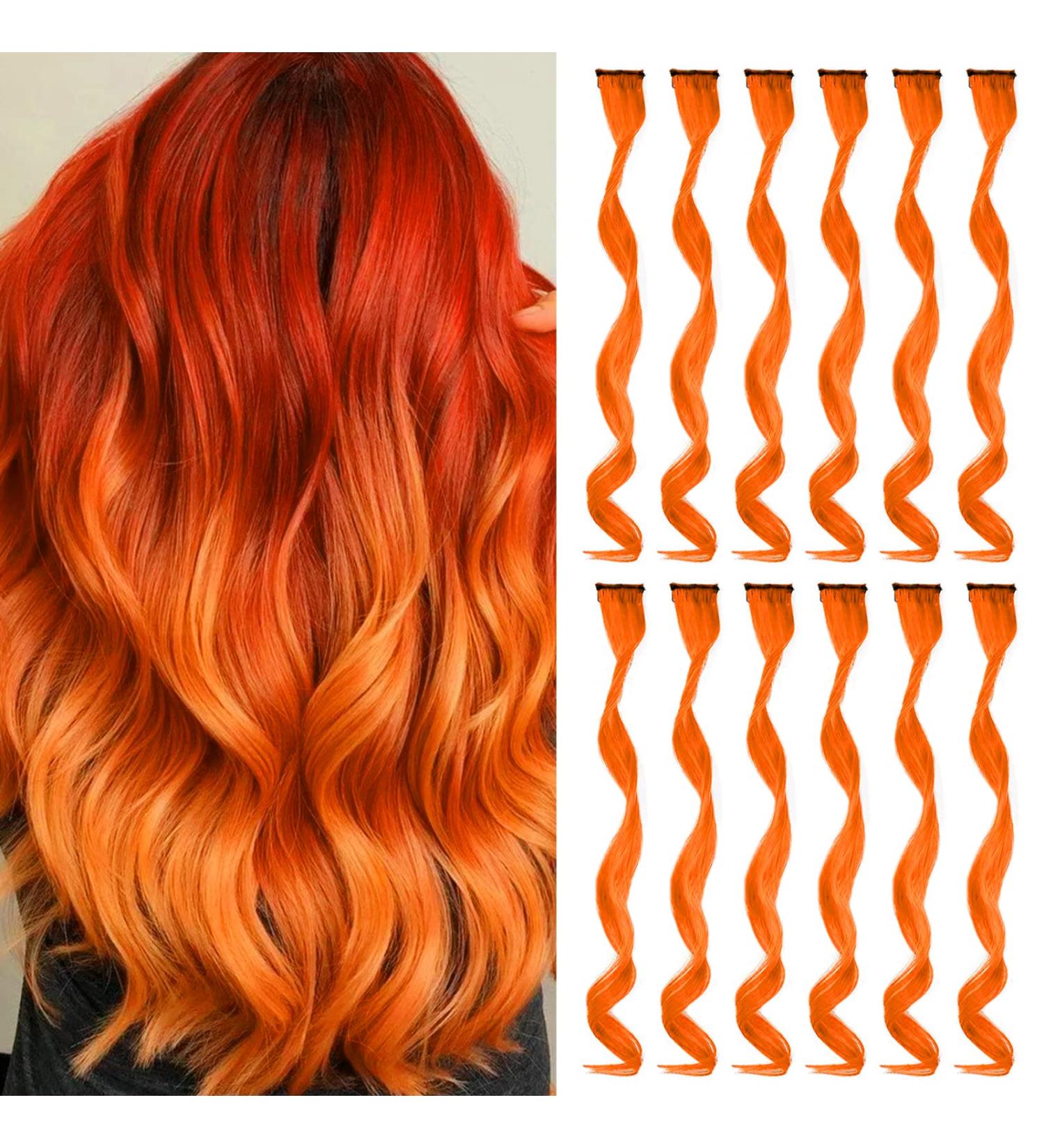 Orange Clip-In Hair Extensions - 17 Colorful Curly Wavy Highlights for Girls & Women - 12 PCS Party Hair Accessories - Buy Online on GoSupps.com