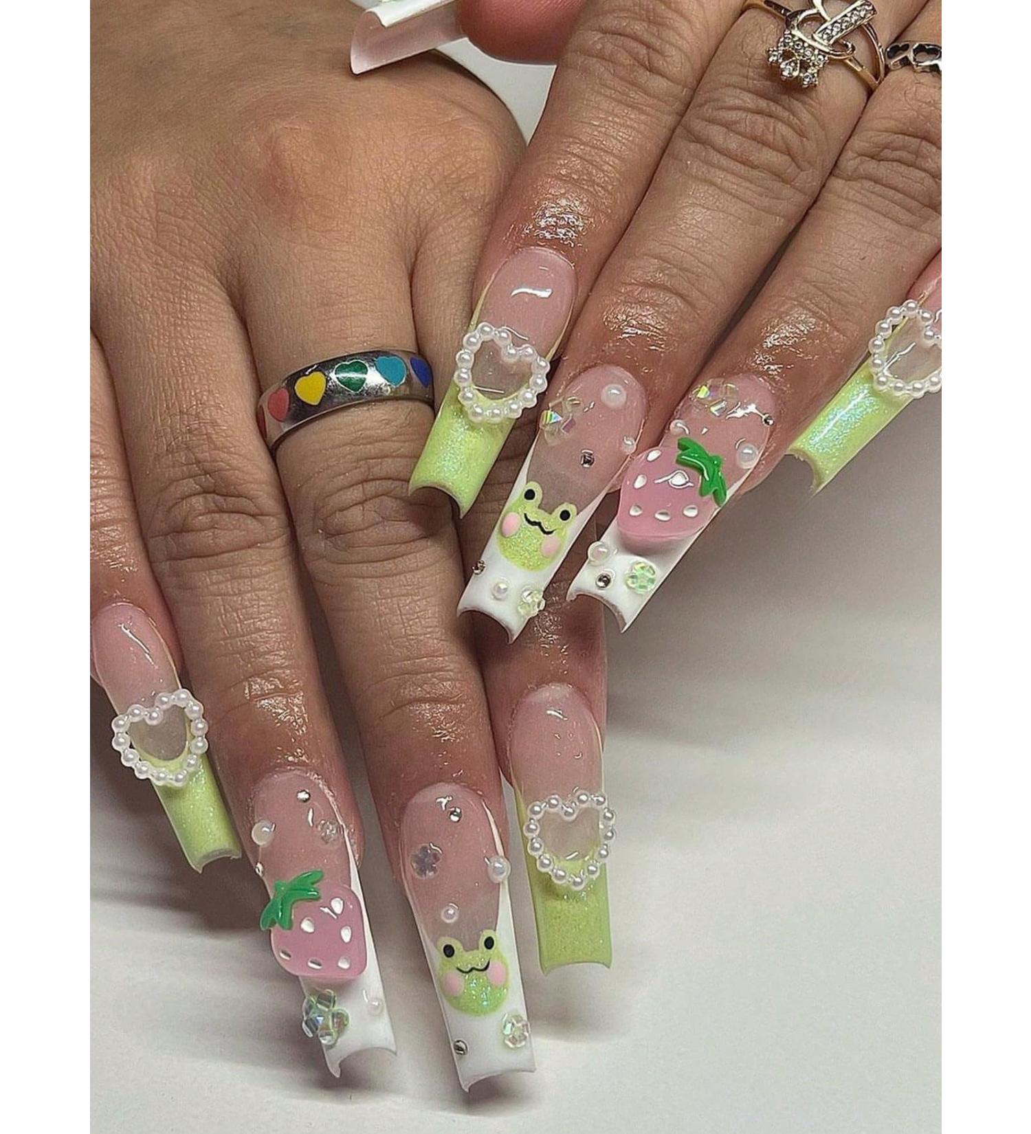24pcs Heart Green Coffin Fake Nail Strawberry Press on Nails Trendy Frogs Coffin Nails Luxurious Nails Acrylic Nails Fake Nails For Women Girls - Buy Online on GoSupps.com