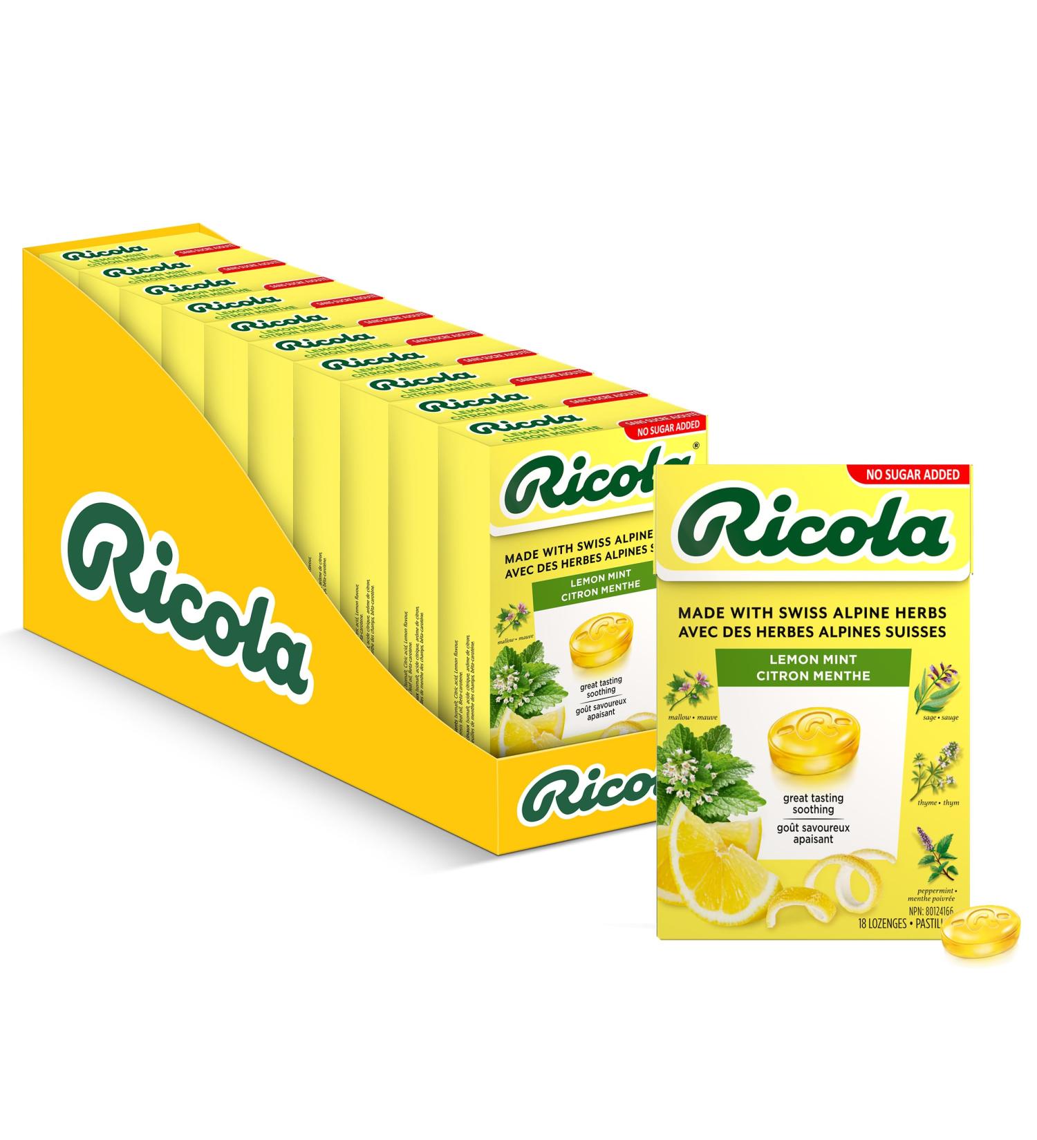 Ricola No Sugar Added Lemon Mint Cough Suppressant Throat Drops 18 Count Box (Pack of 10) - Buy Online on GoSupps.com