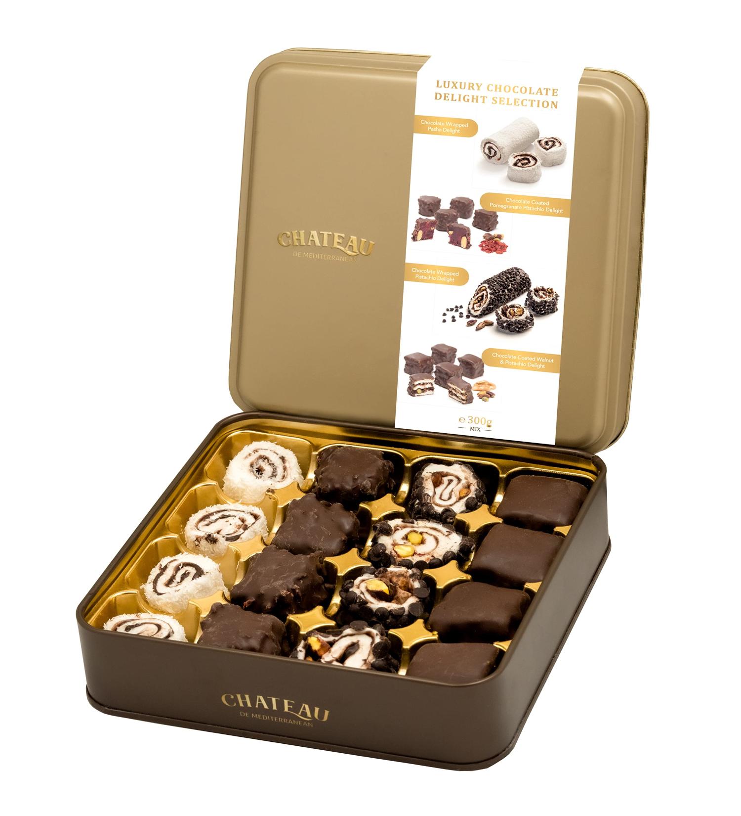Luxury Assorted Chocolate Turkish Delight Selection in a Gift Tin Box Lokum Dessert Gourmet 300g 16 Pieces Chateau De Mediterranean - Buy Online on GoSupps.com