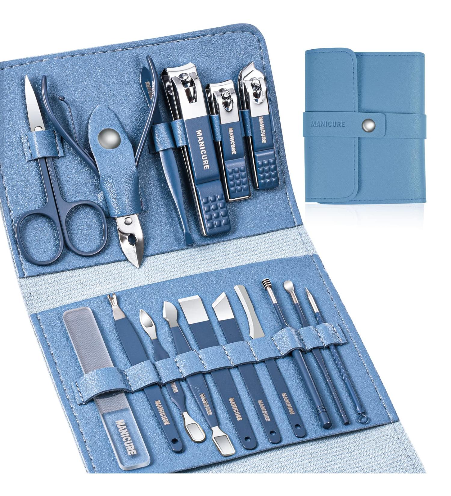Sumwitum 16 PCS Manicure Set - Stainless Steel Professional Nail Care Kit with Leather Case - Great Gift for Women, Men, Friends, Parents - Blue - Buy Online on GoSupps.com