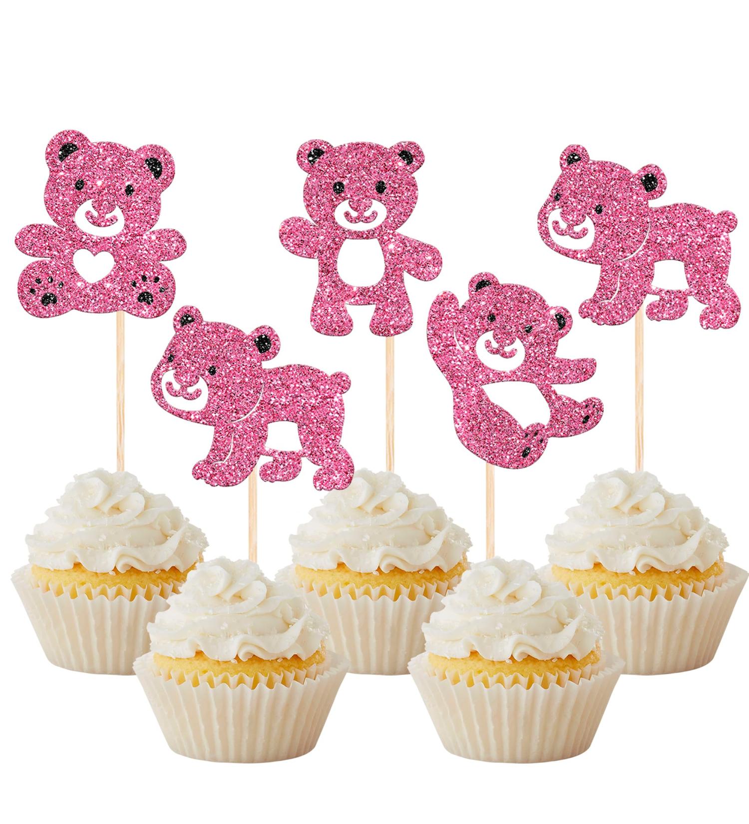 Rsstarxi 24 Pack Bear Cupcake Toppers Glitter Gender Reveal Themed Teddy Bear Cupcake Food Toothpicks Baby Shower Cake Decorations for Kids Birthday Party Decorations Supplies Pink Design 3 Pink - Buy Online on GoSupps.com