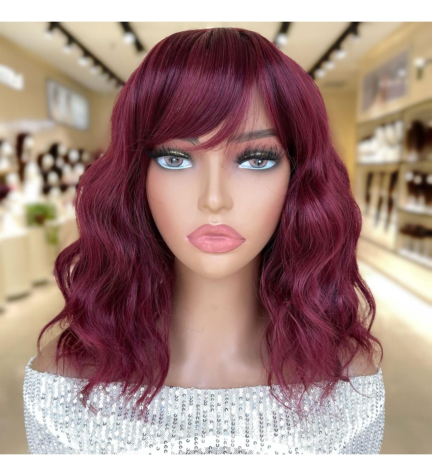 SOKU Bob Wavy Wig with Bangs Burgundy 14 Inch - Natural Wave Hair Dark Wine Curly Wig for Women - Heat Friendly Synthetic Fiber - Daily Wear - Natural Looking - Buy Online on GoSupps.com