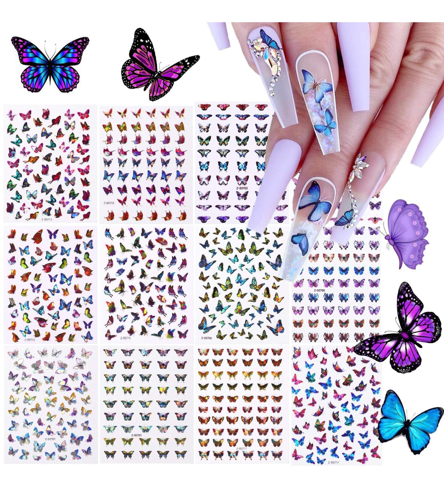 TOROKOM 12 Sheets Butterfly Nail Art Stickers | 3D Self-Adhesive Butterfly Designs for DIY Nail Manicure | Colorful Laser Nail Decals Supplies - Buy Online on GoSupps.com