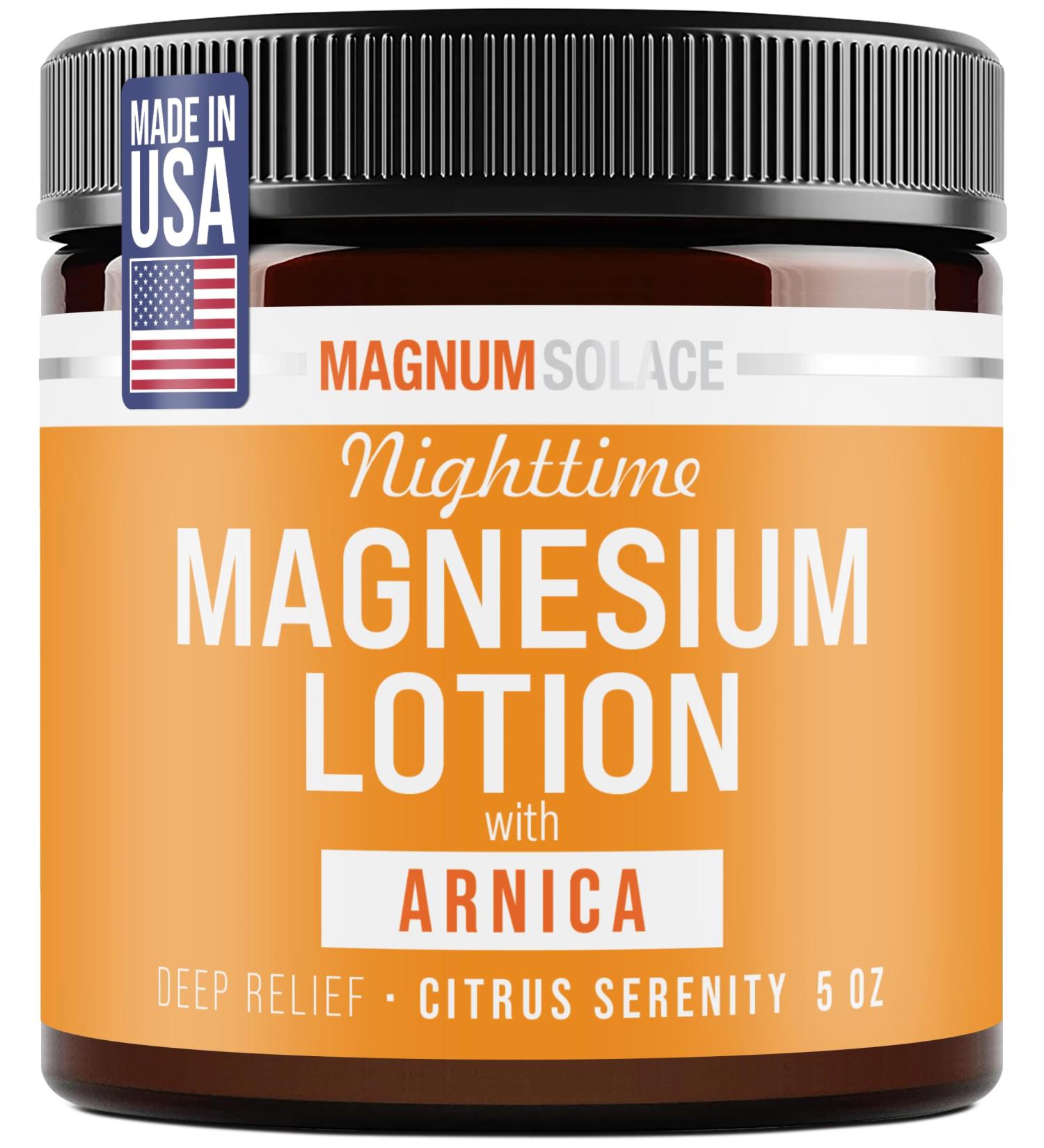 Magnum Solace Nighttime Magnesium Lotion with Arnica Soothing Relief & Relaxation Highly Concentrated Magnesium for Muscles & Joints Apply to Legs or Feet Before Bed Skin-Friendly - Buy Online on GoSupps.com