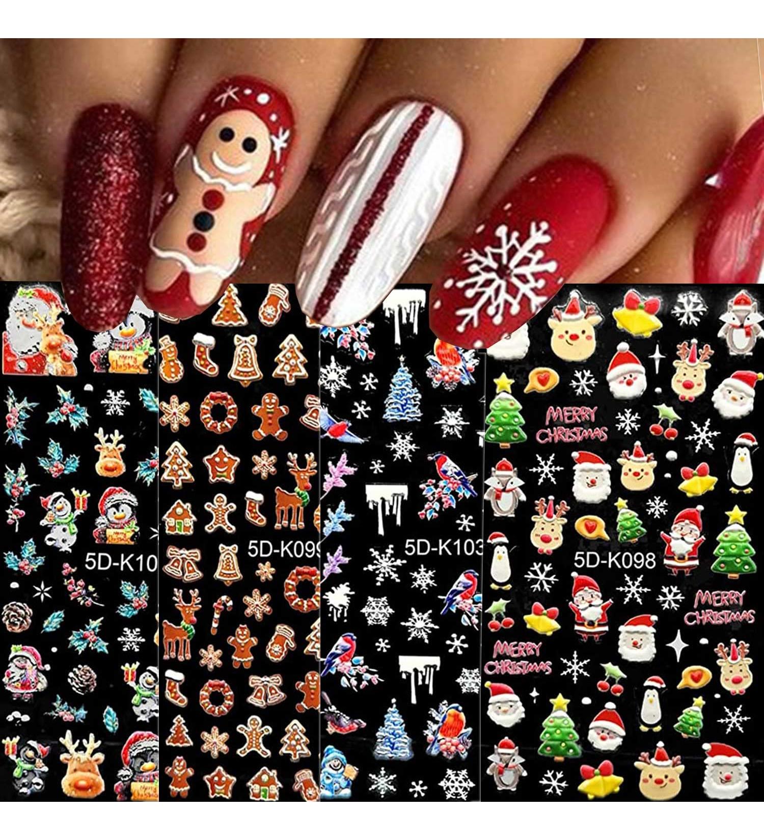 3D Embossed Christmas Nail Art Stickers Decals 5 Sheets 5D Self Adhesive Snowflake Reindeer Snowman Santa Claus Pattern DIY Design Nail Decoration for Women Girls - Buy Online on GoSupps.com
