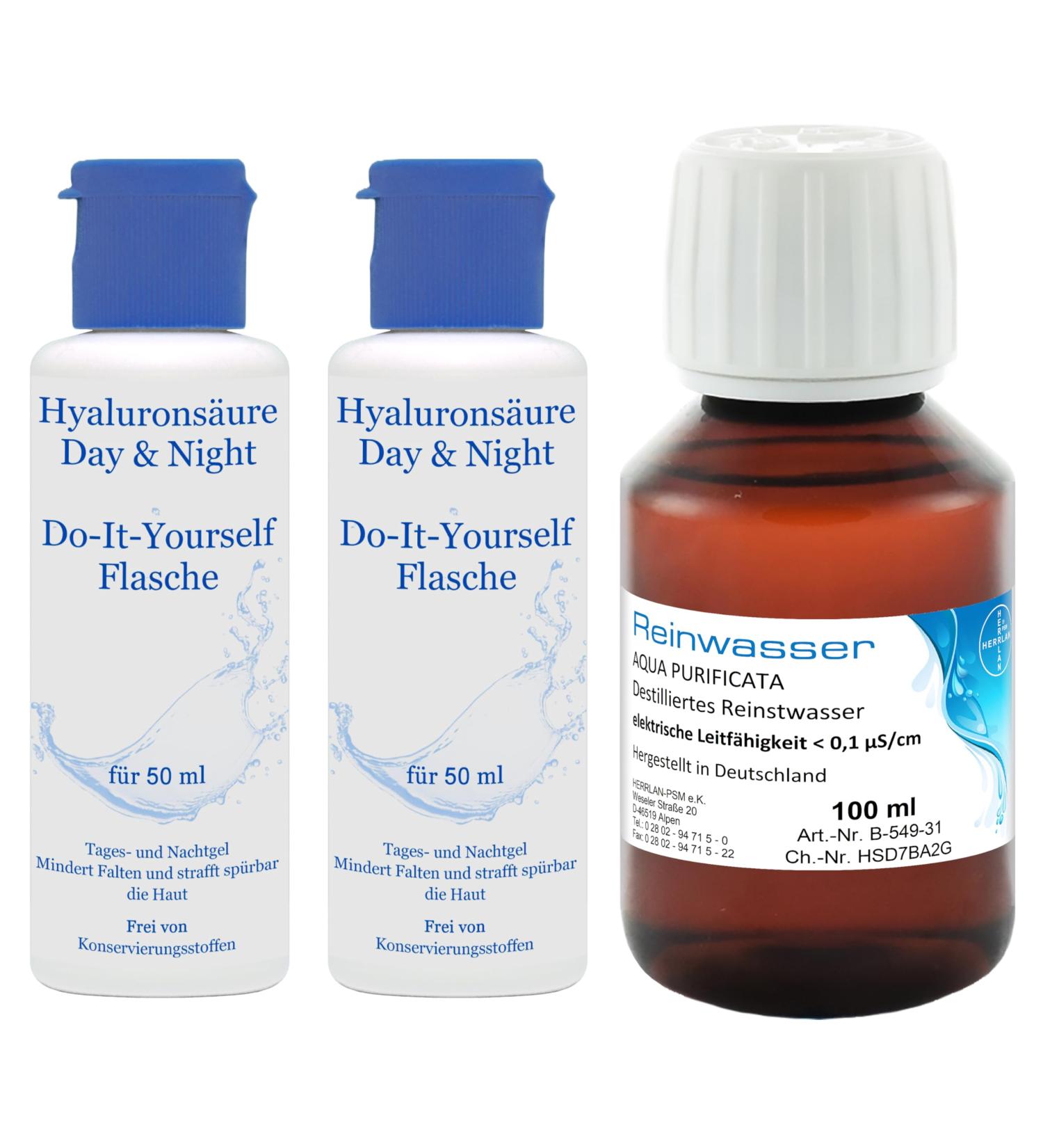 HERRLAN PSM Hyaluronic Acid AntiAging Day & Night Gel High Dose DoItYourself bottle plus 1 x 100 ml pure water I HERRLAN quality I Made in Germany