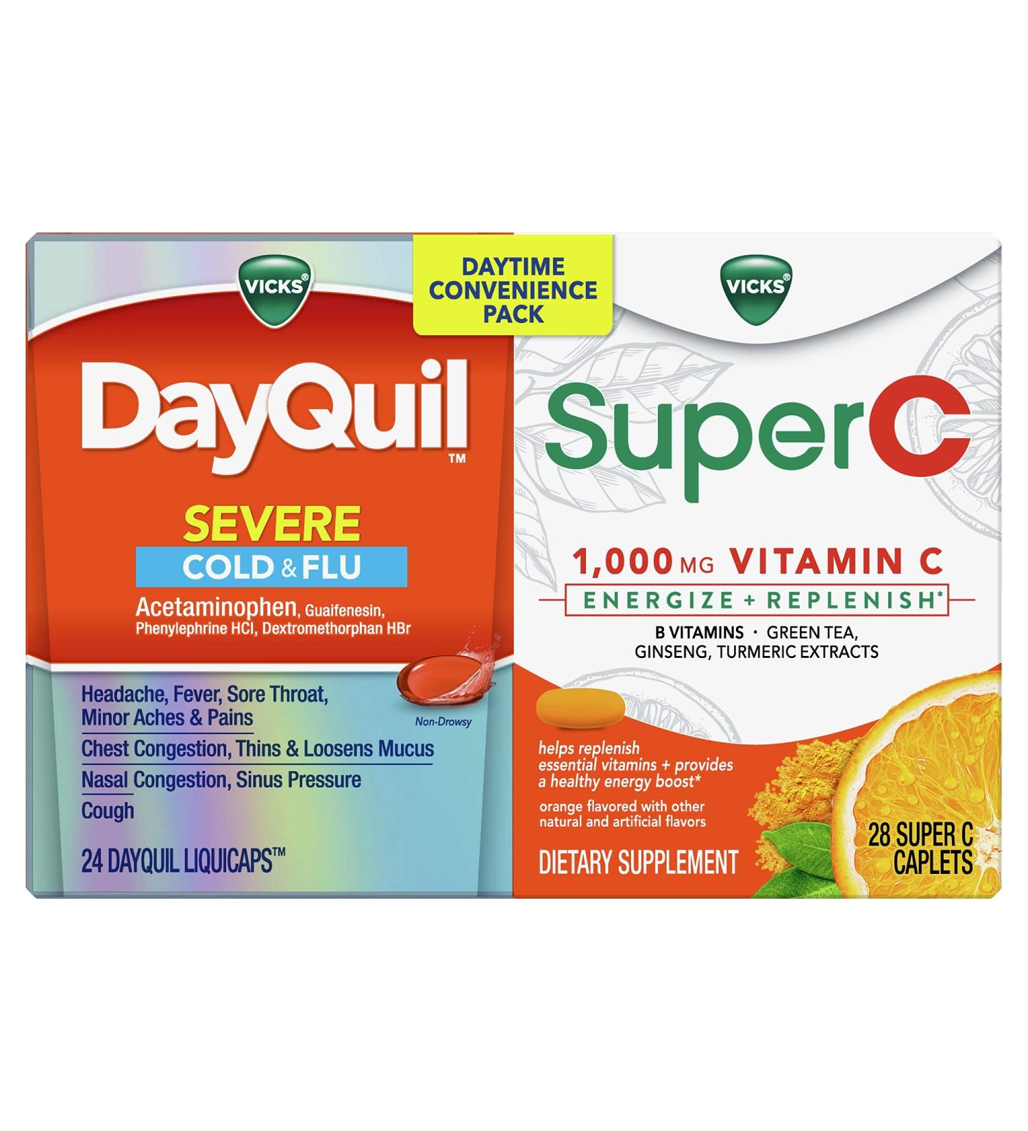 Vicks DayQuil & Super C Pack - Max Strength Cold & Flu Relief with Vitamin C & B - Herbal Extracts, 52 Count - Buy Online on GoSupps.com