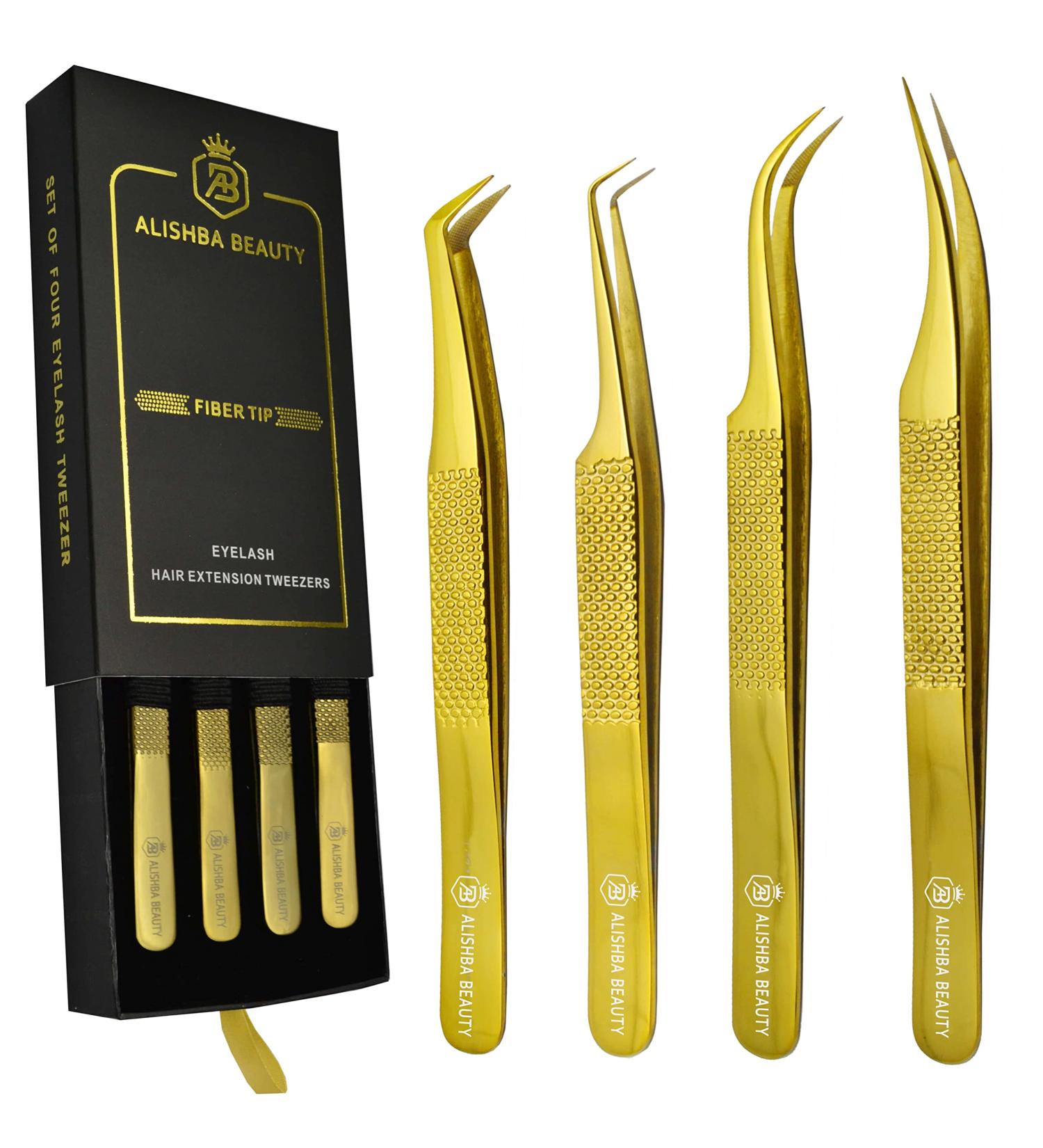 Alishba Beauty Eyelash Extension Tweezers Set - Precision Fiber Tip Japanese Stainless Steel (Gold) - Pack of 4 - Buy Online on GoSupps.com