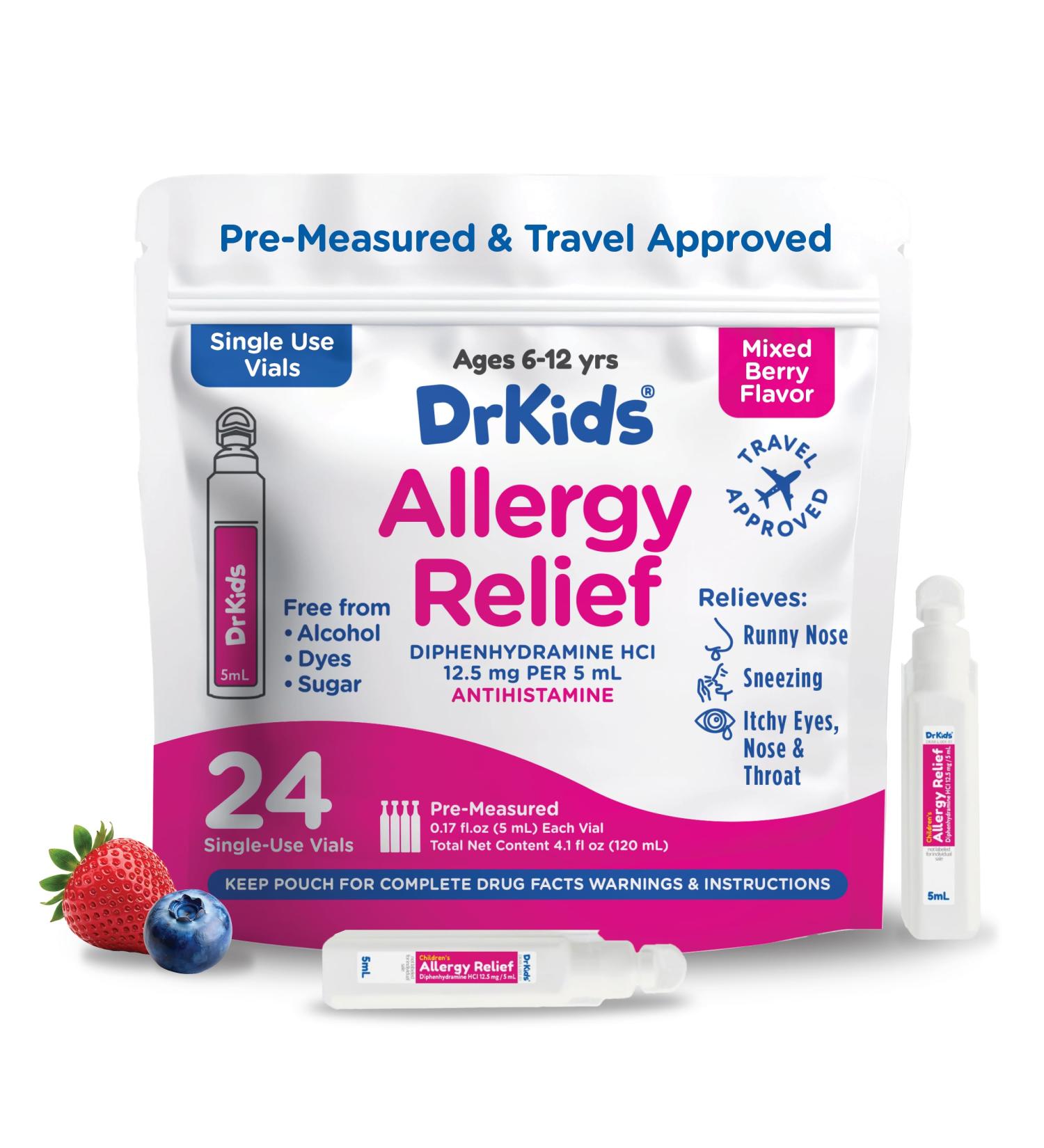 Dr. Kids Children's Allergy Relief Medicine with Diphenhydramine HCl 12.5 mg - Pre-Measured Single-Use Vials Kids Antihistamine for Sneezing Runny Nose & Itchy Eyes Mixed Berry Flavor 24 Count - Buy Online on GoSupps.com