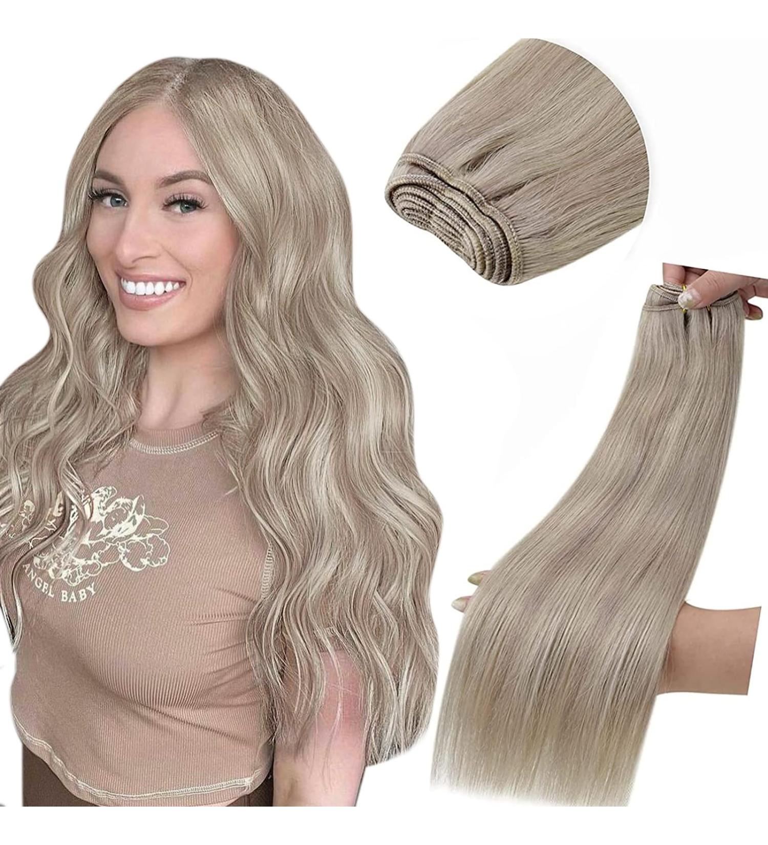 LAAVOO hair brawls real hair for sewing blond hignlights extensions tressen real hair ashblond highlighted platinum blonde Sew in real hair tress to sew of course 40cm #p19/60 100g 40cm 1.34 #19/60