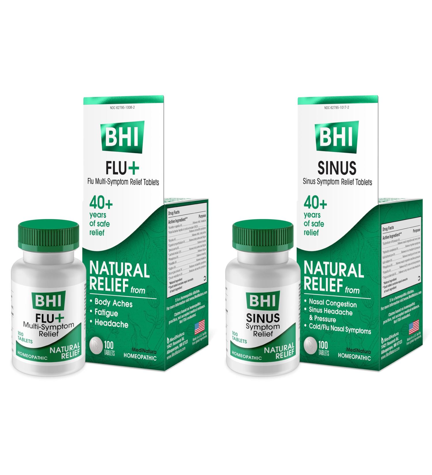 MediNatura BHI Cold, Flu, and Sinus Relief Bundle BHI Cold +Flu Multi-Symptom Relief Tablets (100) + BHI Sinus Natural Congestion Relief Tablets (100) - Buy Online on GoSupps.com