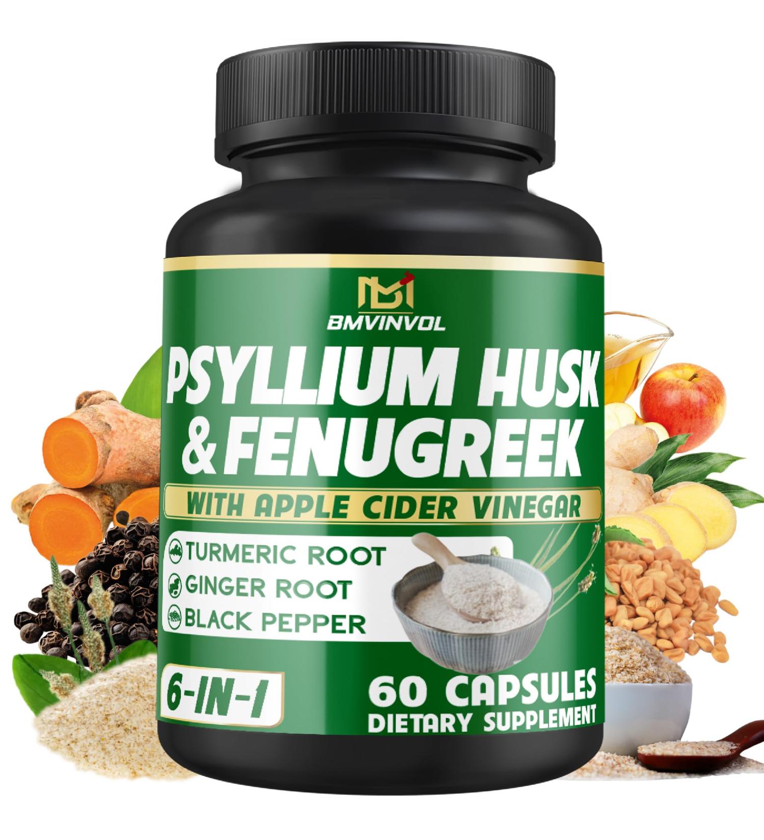 BMVINVOL Psyllium Husk Fiber Supplement t with Fenugreek Apple Cider Vinegar Turmeric Ginger Black Pepper- Digestion Health Support - 60 Capsules 60 Count (Pack of 1) - Buy Online on GoSupps.com