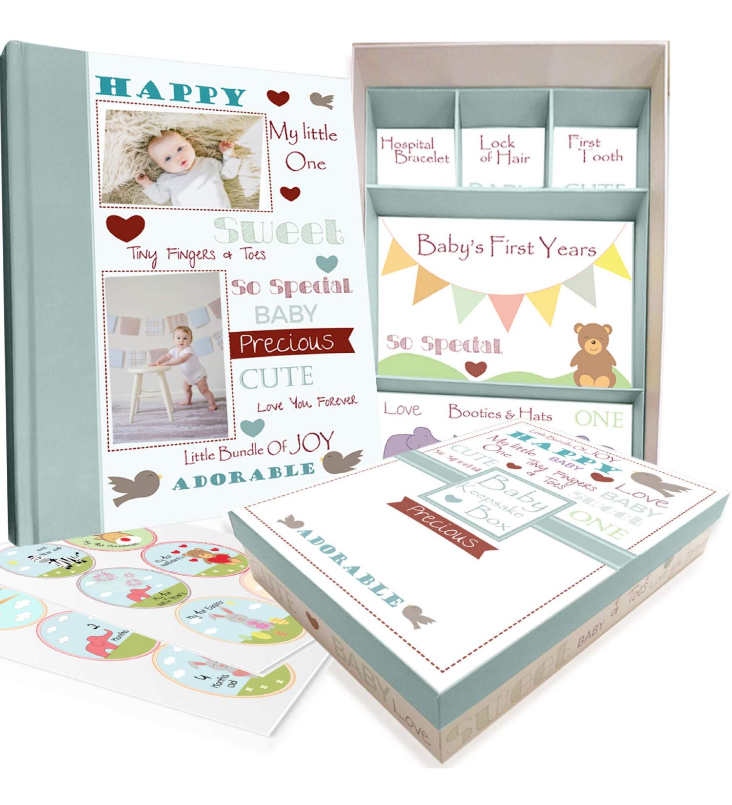 Baby Memory Book w/Keepsake Box & 30 Monthly & Baby First Milestone Stickers - Gender Neutral First Year Scrapbook Journal - Baby Photo Album for Boys & Girls - Buy Online on GoSupps.com