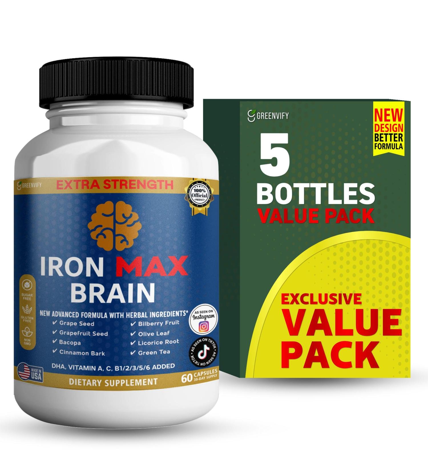 Iron Max Brain Extra Strength Brain Support Supplement 60 Capsules 30-Day Supply (5) - Buy Online on GoSupps.com