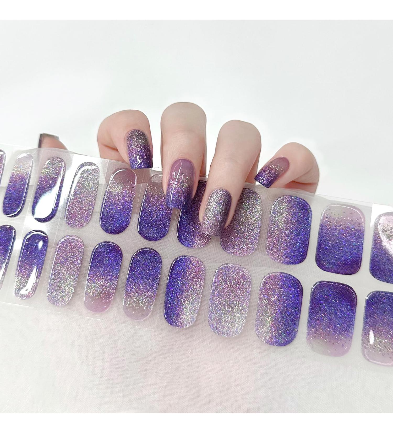 Semi Cured Gel Nails Strips 22 Stickers Purple Glitter Nail Wraps Soft Self-Adhesive Gel Nail Stickers Salon-Quality Gel Nail Strips for Nails Require UV/LED Lamp (131-Romantic Violet) - Buy Online on GoSupps.com