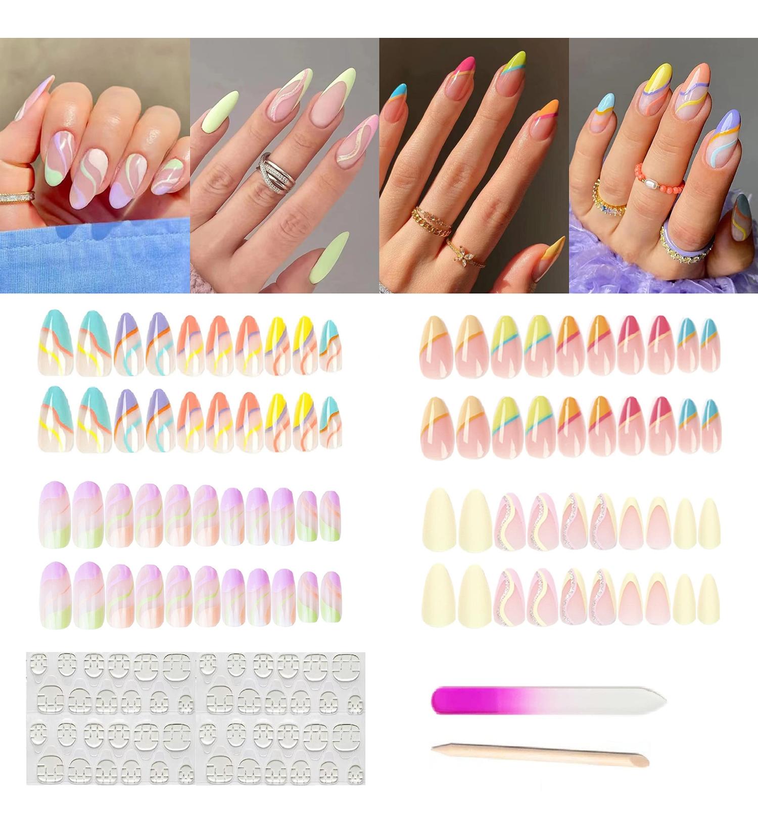 MMonesu Medium Almond Press on Nails Set - 4 Packs (96 Pcs) with Adhesive Tabs and Nail File - Cream Almond 01 Design for Women - Buy Online on GoSupps.com