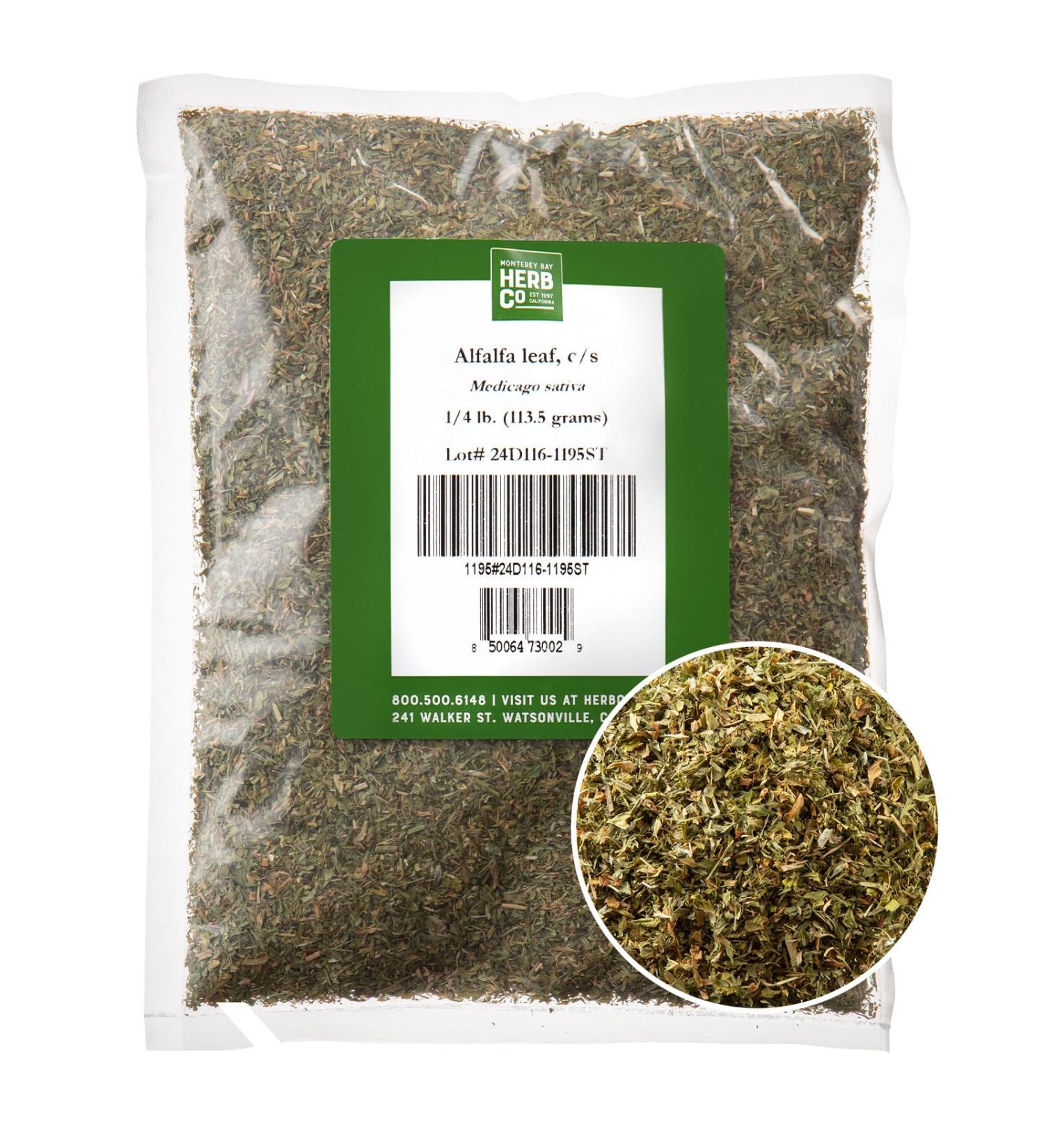 Alfalfa Leaf Cut & Sifted, by Herb Co, Kosher, Non-Irradiated, Non-GMO, for Herbal Oils, Used in Soups, Stews, Tea Blends, Earthly Flavor, 1/4 lb - Buy Online on GoSupps.com