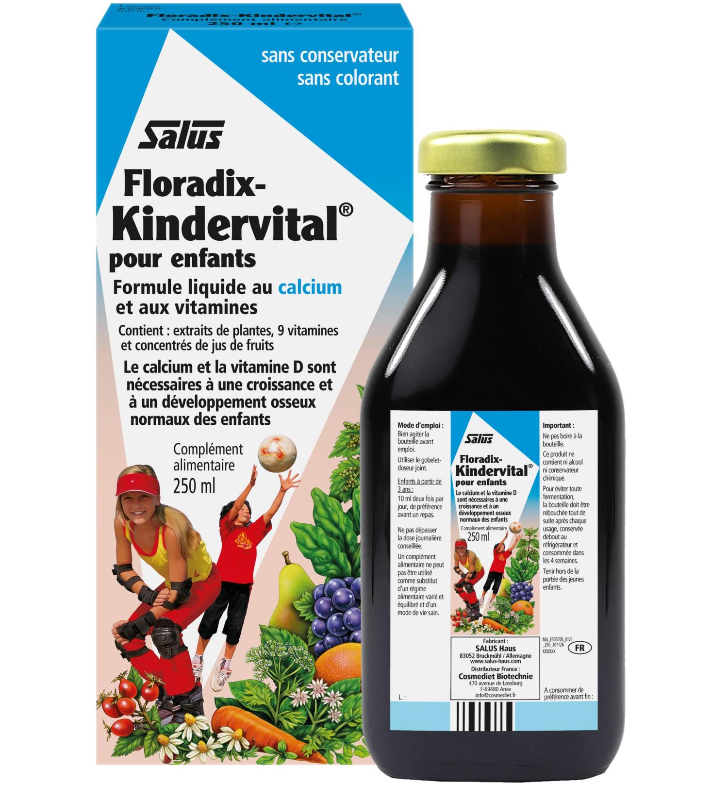 Salus Floradix Kindervital Pour Enfants Formule Liquide Enrichie en Calcium et Vitamine D pour la Sant et le D veloppement des Os 250 ml Ne S'applique Pas 250 ml (Lot de 1) - Buy Online on GoSupps.com