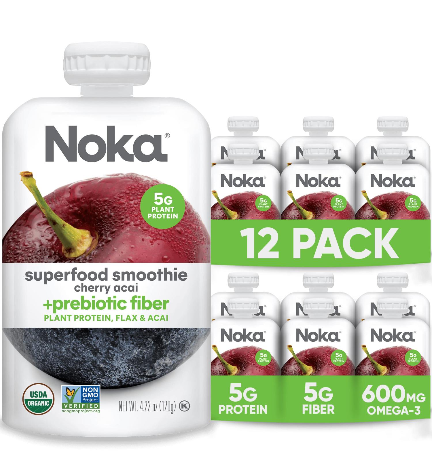 Noka Superfood Fruit Smoothie Pouches (Cherry Acai) Pack of 12 - Vegan, Gluten-Free with Flax Seed, Prebiotic Fiber & Plant Protein - Organic Squeeze Pouch, 4.22oz Each - Buy Online on GoSupps.com