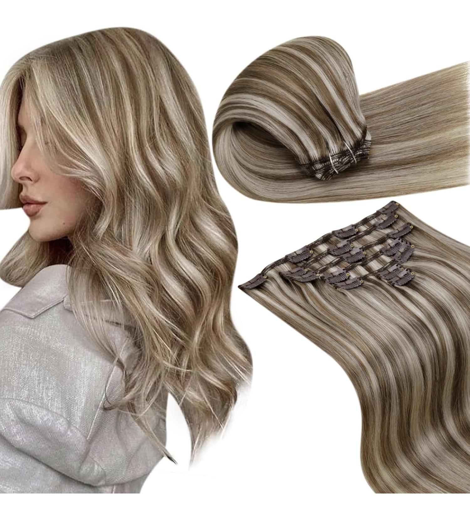 Shop Laavoo Clip In Real Hair Extensions - 60cm Brown Highlights Light Brown & Platinum Blonde - 120g 7 Piece Set - Buy Online on GoSupps.com