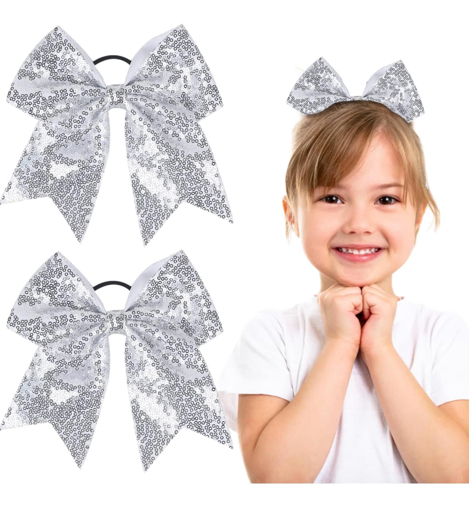 2 PCS 8 Large Glitter Cheer Bows - Handmade Sequin Hair Bows for Teen Girls (Silver) - Buy Online on GoSupps.com