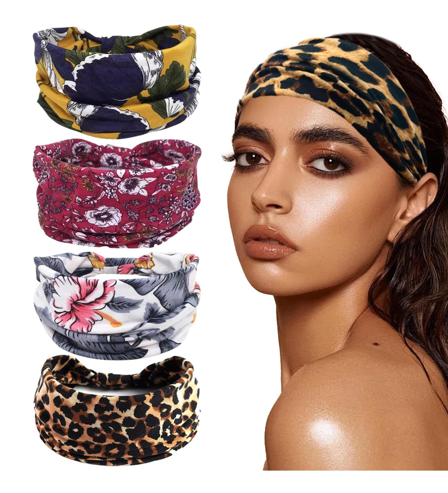4-Piece Women's Elastic Headband Set - Wide Boho Hair Bands with Leopard Print & Floral Design - Fashion Hair Jewelry for Stylish Looks - Buy Online on GoSupps.com