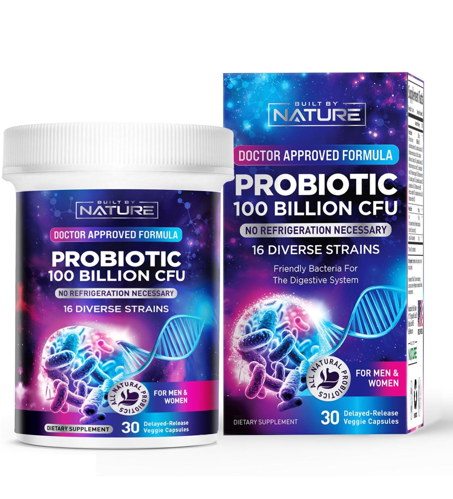 Built by Nature 100 Billion CFU Probiotic 16 Strains + Prebiotics Immune & Digestive Support for Women & Men Delayed Release Capsules Shelf Stable 1 Month Supply - 30 Capsules - Buy Online on GoSupps.com
