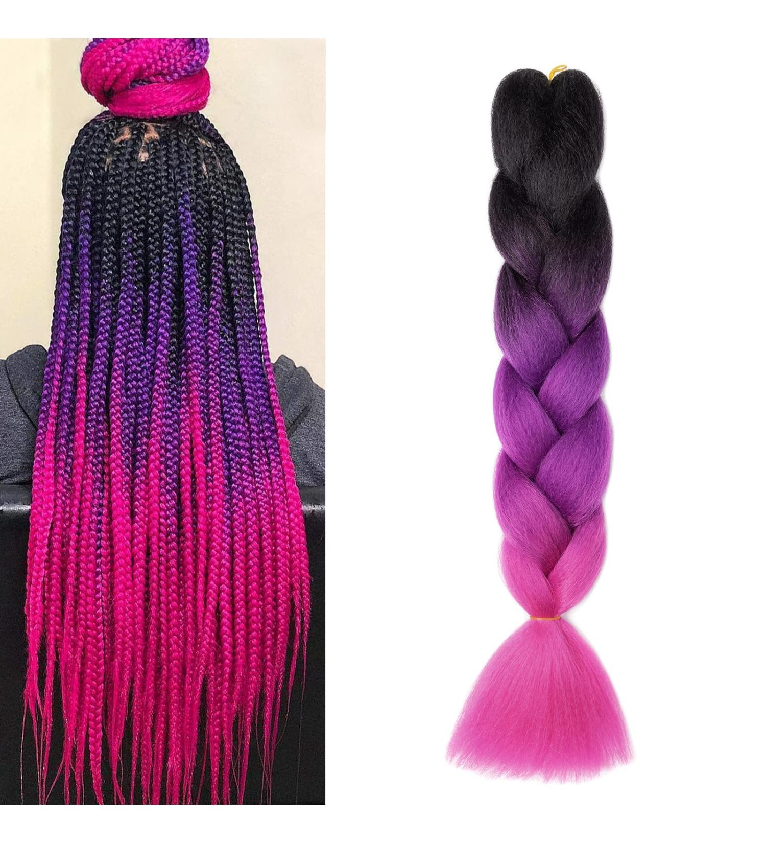 Gairyan Jumbo Braids Extensions - 100g 60cm Ombre Synthetic Braiding Hair for Box Crochet - Afro Hair in Black Purple & Rose Red - Buy Online on GoSupps.com