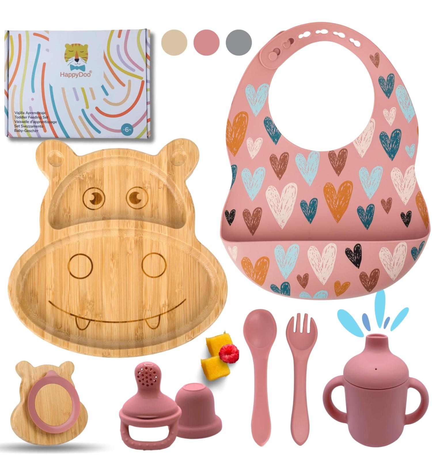 Happydoo Baby Dishes Set - 9 Pieces Bamboo Plates with Suction Cups | BPA Free Baby Tableware Gift Box - Pink Hippopotamus - Buy Online on GoSupps.com
