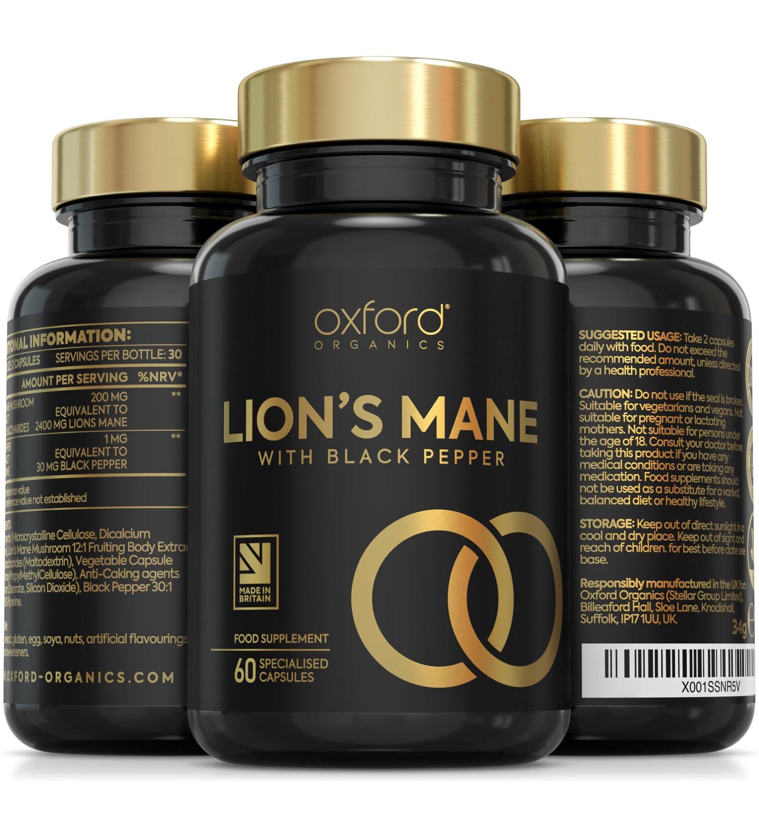 Advanced Lions Mane Mushroom 2400mg - 60 Vegan Capsules with Black Pepper | High Strength Lion's Mane Supplement | Made in UK - Buy Online on GoSupps.com