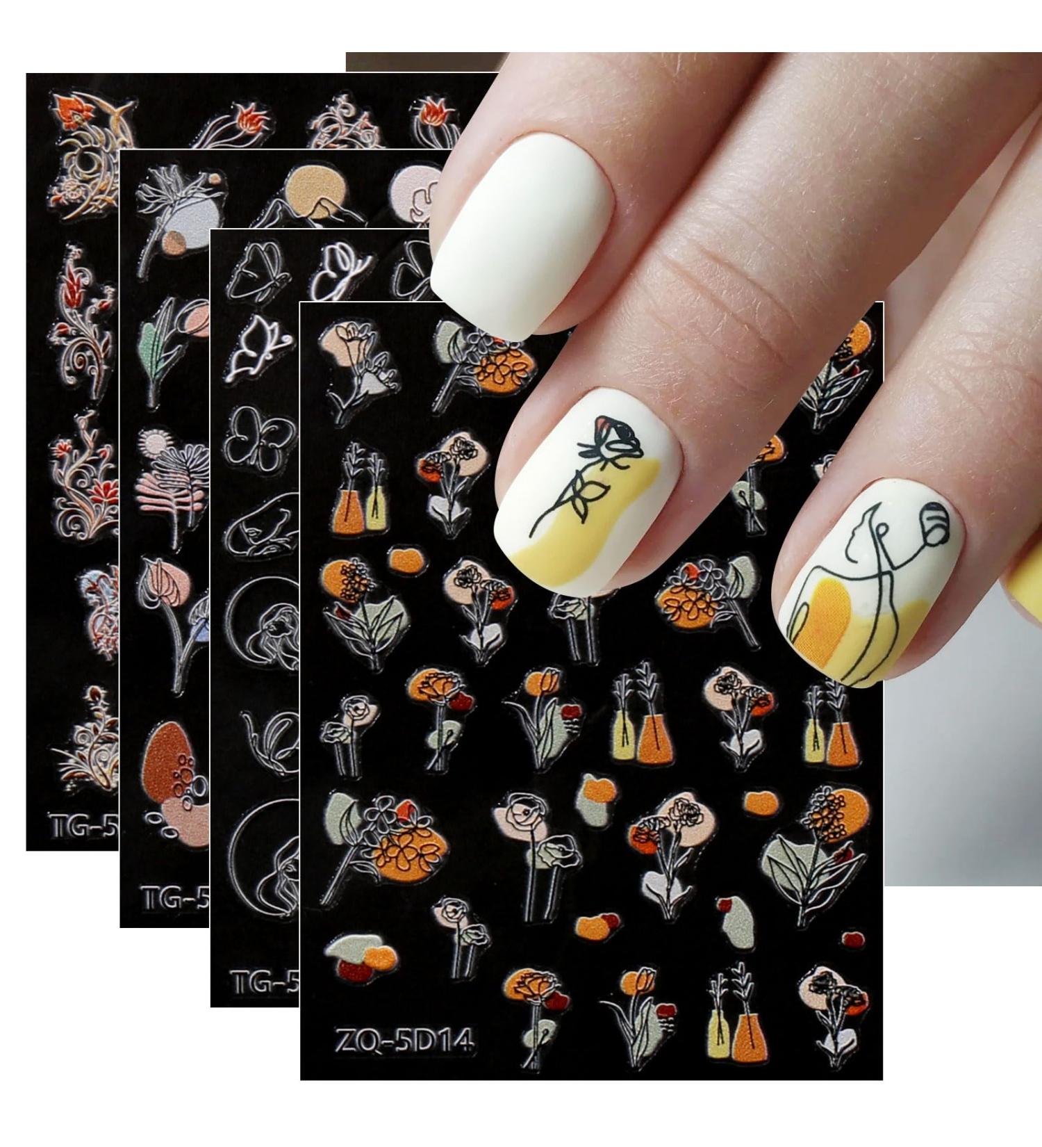 JMEOWIO 3D Embossed Flower Nail Art Stickers Decals Self-Adhesive 5D Colorful Floral Line Nail Supplies Nail Art Design Decoration Accessories 4 Sheets - Buy Online on GoSupps.com
