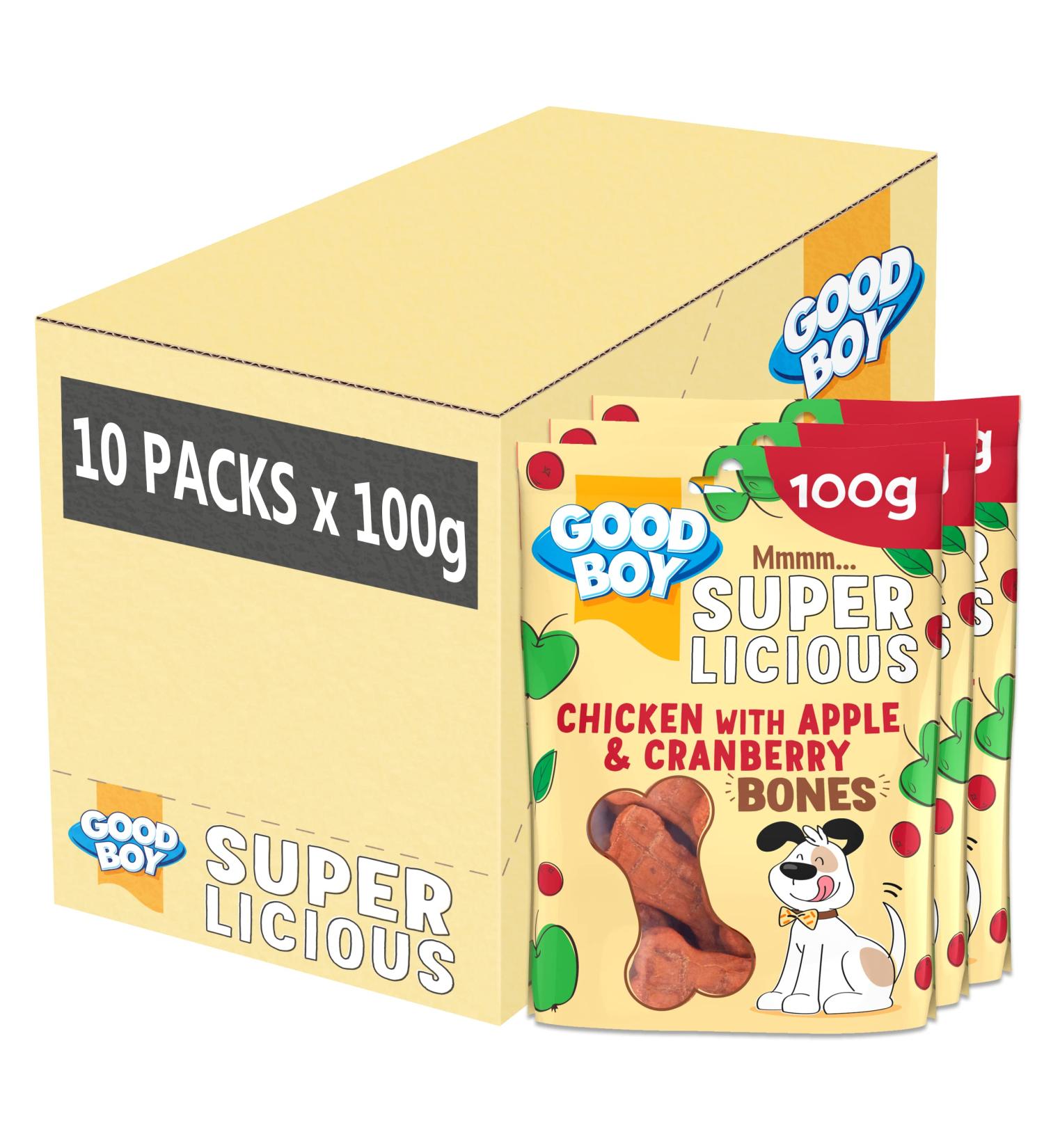 Good Boy Superlicious Chicken Apple & Cranberry Bones - Natural Dog Treats - Low Fat Training Treats - Bulk Box - 10 x 100g Chicken Apple Cranberry 100 g (Pack of 10) - Buy Online on GoSupps.com