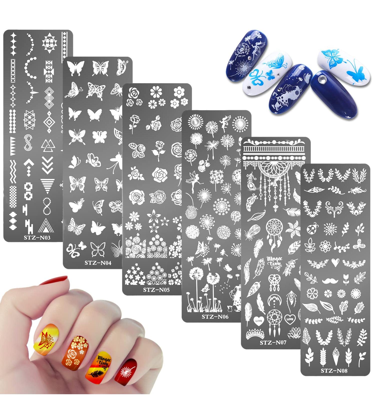 6Pcs Nail Art Stamping Plates Set Floral, Leaf, Butterflies, Feathers Designs for Women's Manicure - MWOOT Nail Stencils for Image Stamp Templates - Buy Online on GoSupps.com