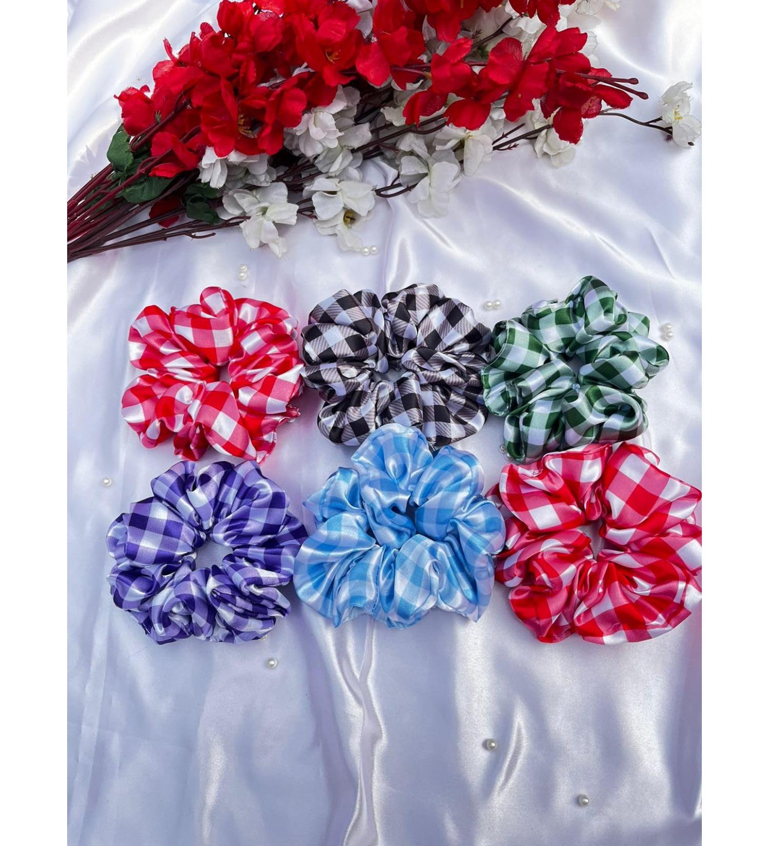 6 Satin Scrunchies Hair Scrunchies Frizz Prevention Silk Scrunchies for Girls & Stylish Hair Ties for Women Premium Hair Scrunchie for Styling Check Design - Buy Online on GoSupps.com