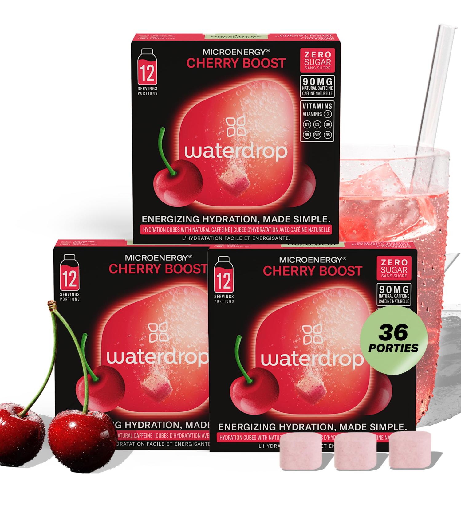 Waterdrop Microdrink waterdrop Energy Drink 36 hydration cubes for flavored water Fruity energy drink with 90 mg natural caffeine Cherry flavor Sugarfree lowcalorie With vitamins B & C CHERRY Booster Set - Buy Online on GoSupps.com