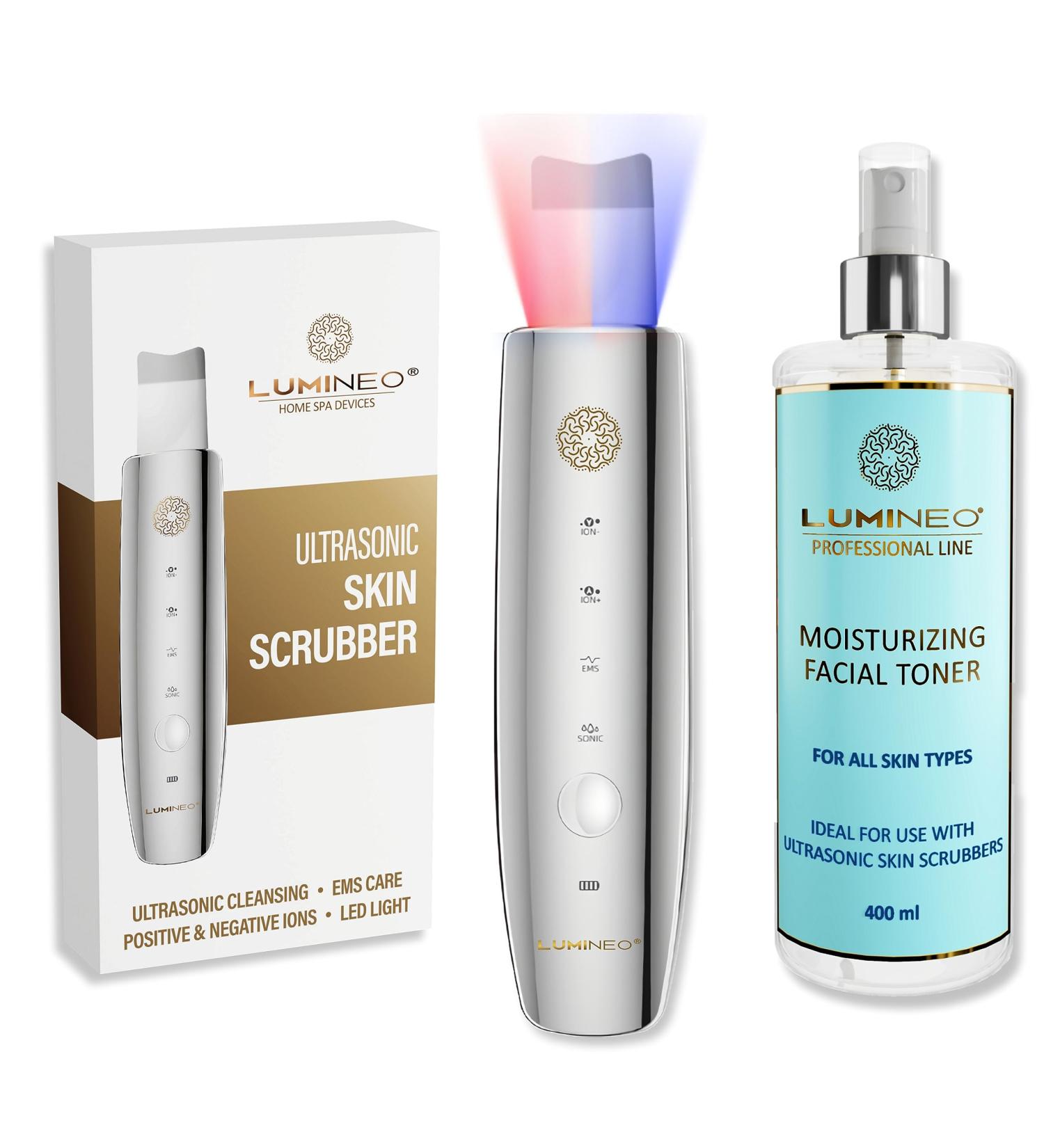 Lumineo Ultrasound Peeling Device - 4-in-1 Skin Scrubber Blackhead Remover EMS LED & Ions with 400ml Moisturizing Toner | Best Acne & Pore Cleaner - Buy Online on GoSupps.com