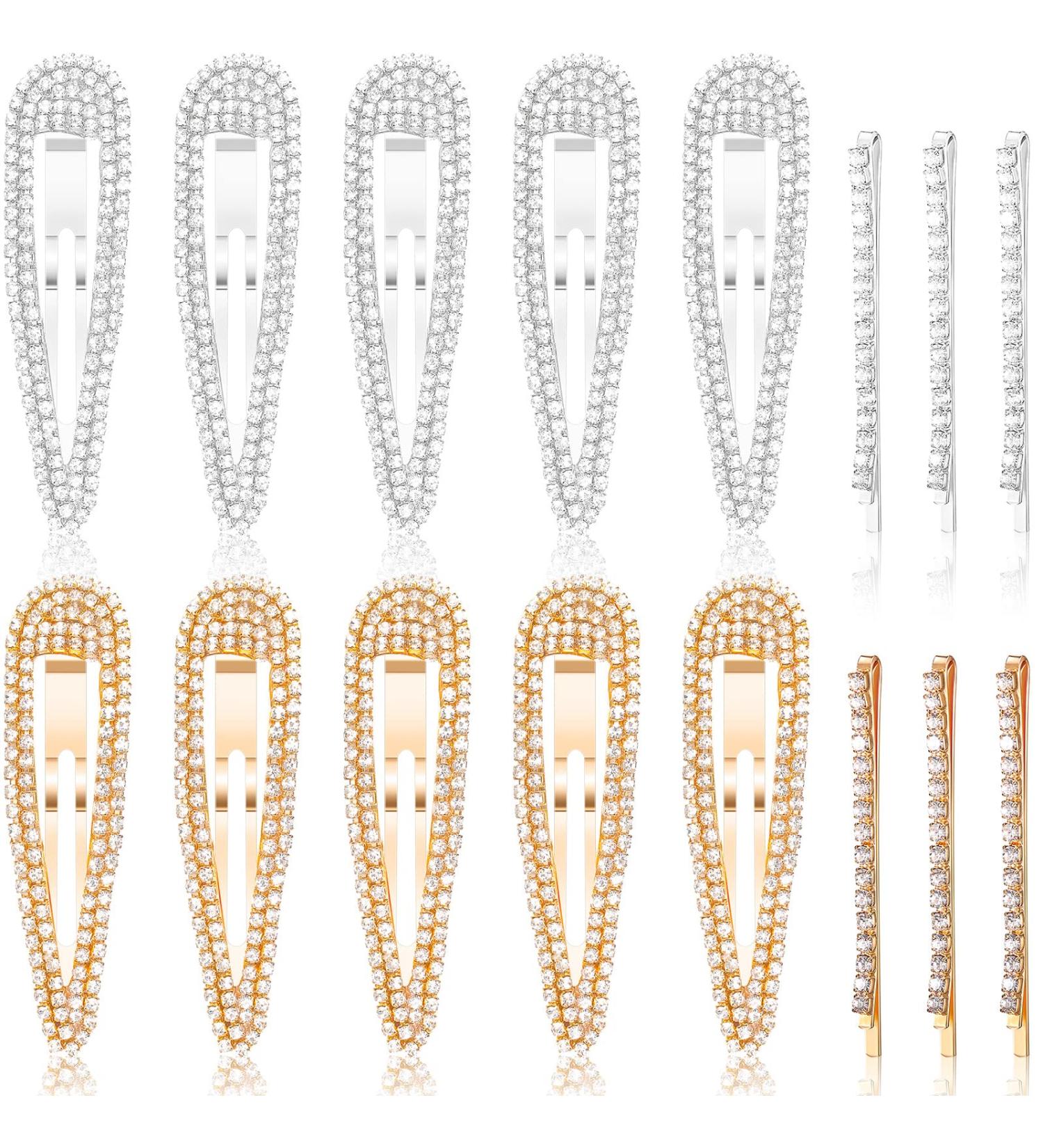 Rhinestone Snap Hair Clips - 16 Piece Crystal Metal Barrettes for Women & Girls - Bridal Hair Pins in Gold & Silver - Buy Online on GoSupps.com