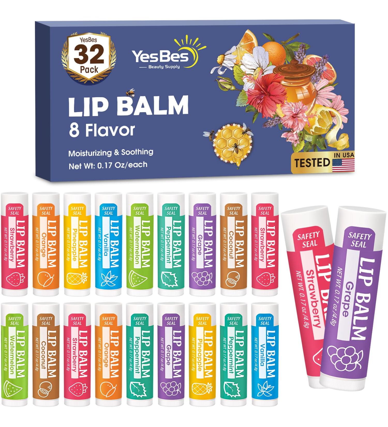 YesBes 32 Pack Lip Balm Natural Lip Balm Bulk with Vitamin E and Coconut Oil Moisturizing Lip Balms for Dry Cracked Lips Lip Balms for Valentines Gifts Stocking Stuffers - 8 Flavors - Buy Online on GoSupps.com