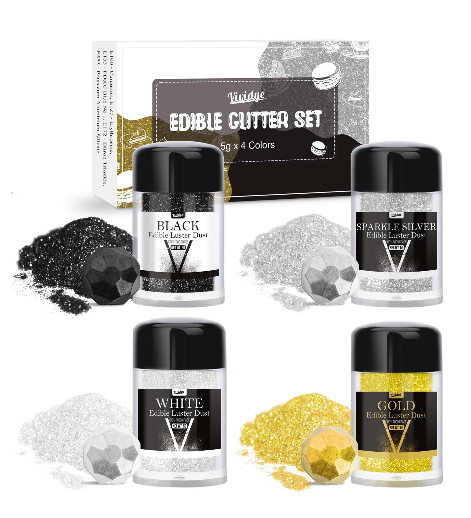 Edible Glitter - 4 Colors of Metallic Powder for Drinks Cakes & Food | 5G Bottles - 12 Color Options - Buy Online on GoSupps.com