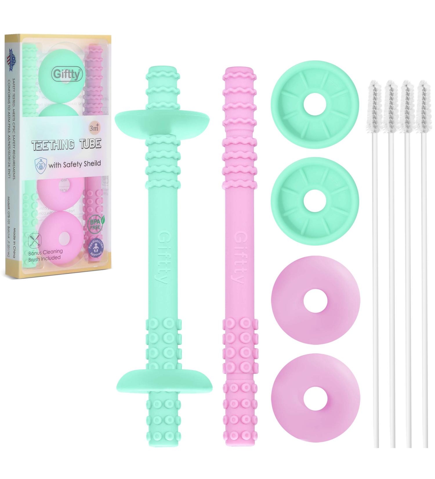 Teething Tube with Safety Shield - Baby Hollow Teether Sensory Toys - Food-Grade Silicone for Infant 3-12 Months - Boys Girls - 1 Pair + 4 Cleaning Brushes - Cyan & Orchid - Buy Online on GoSupps.com