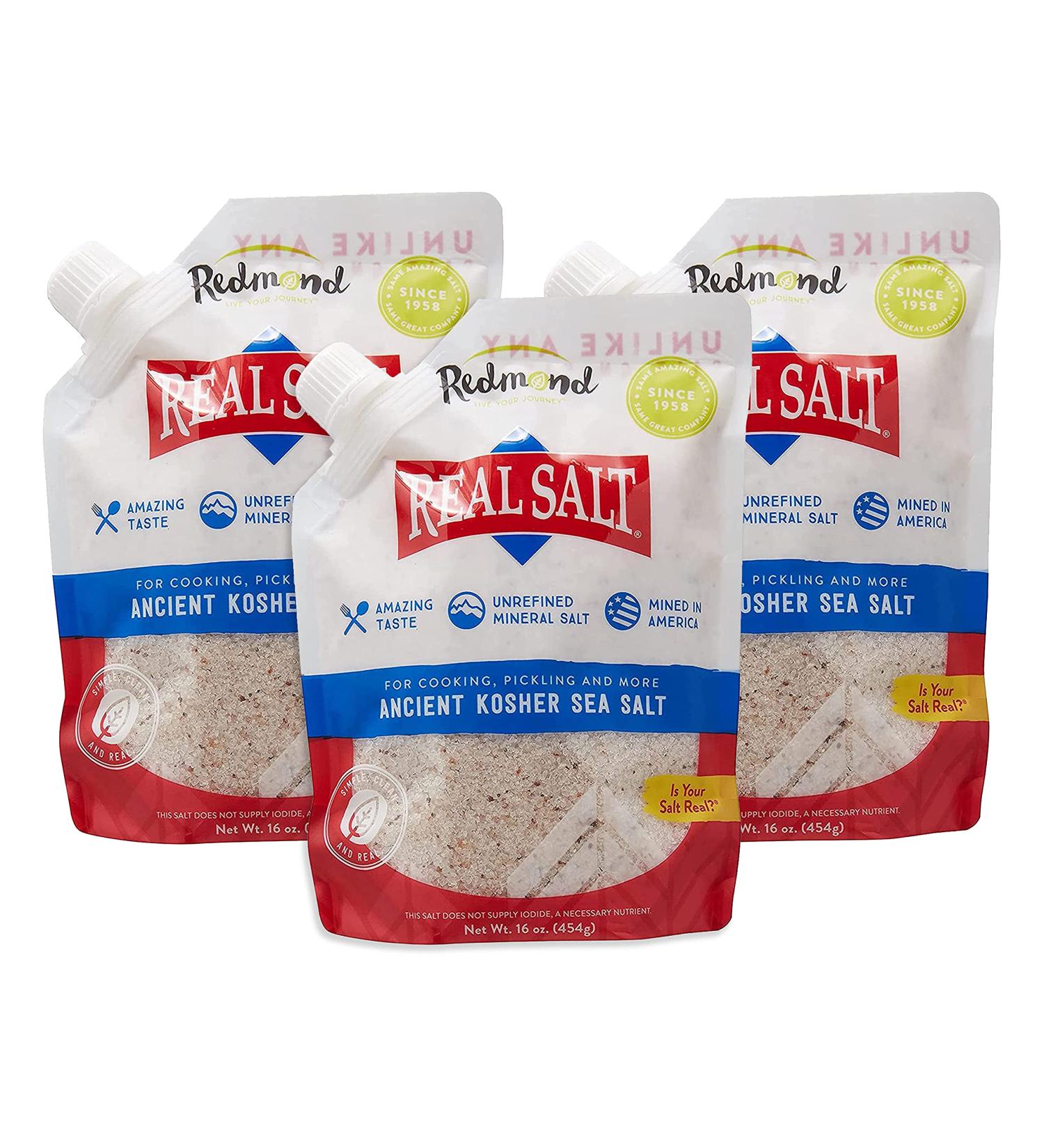 Redmond Real Kosher Salt - 16 oz Pouch (3 Pack) | Pure, Natural Seasoning - Buy Online on GoSupps.com