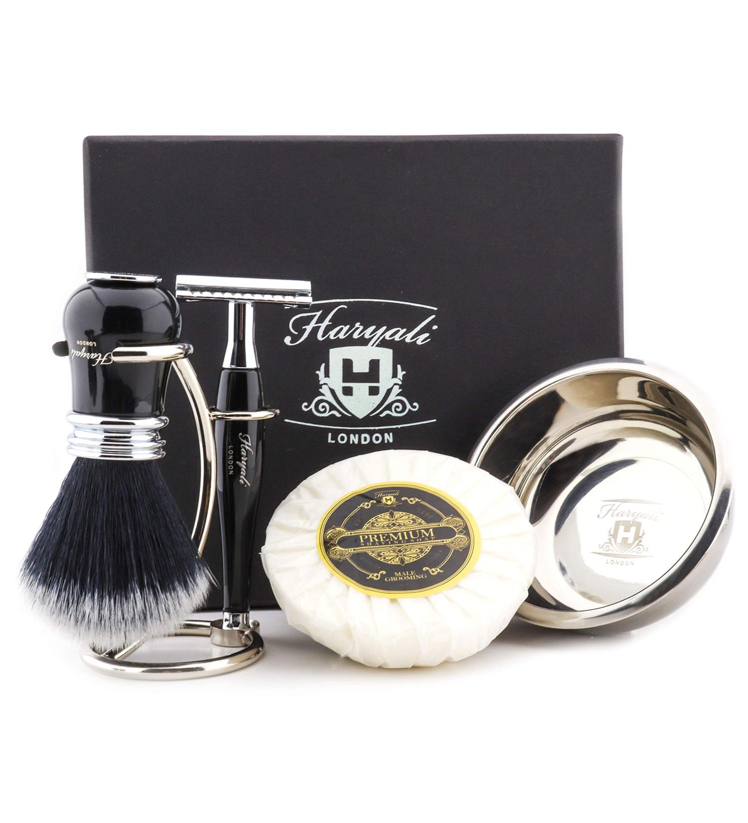 Haryali London Luxurious 5-Part Shaving Set for Men | Double-Sided Razor Black Brush Stand Soap & Bowl - International Shipping Available - Buy Online on GoSupps.com