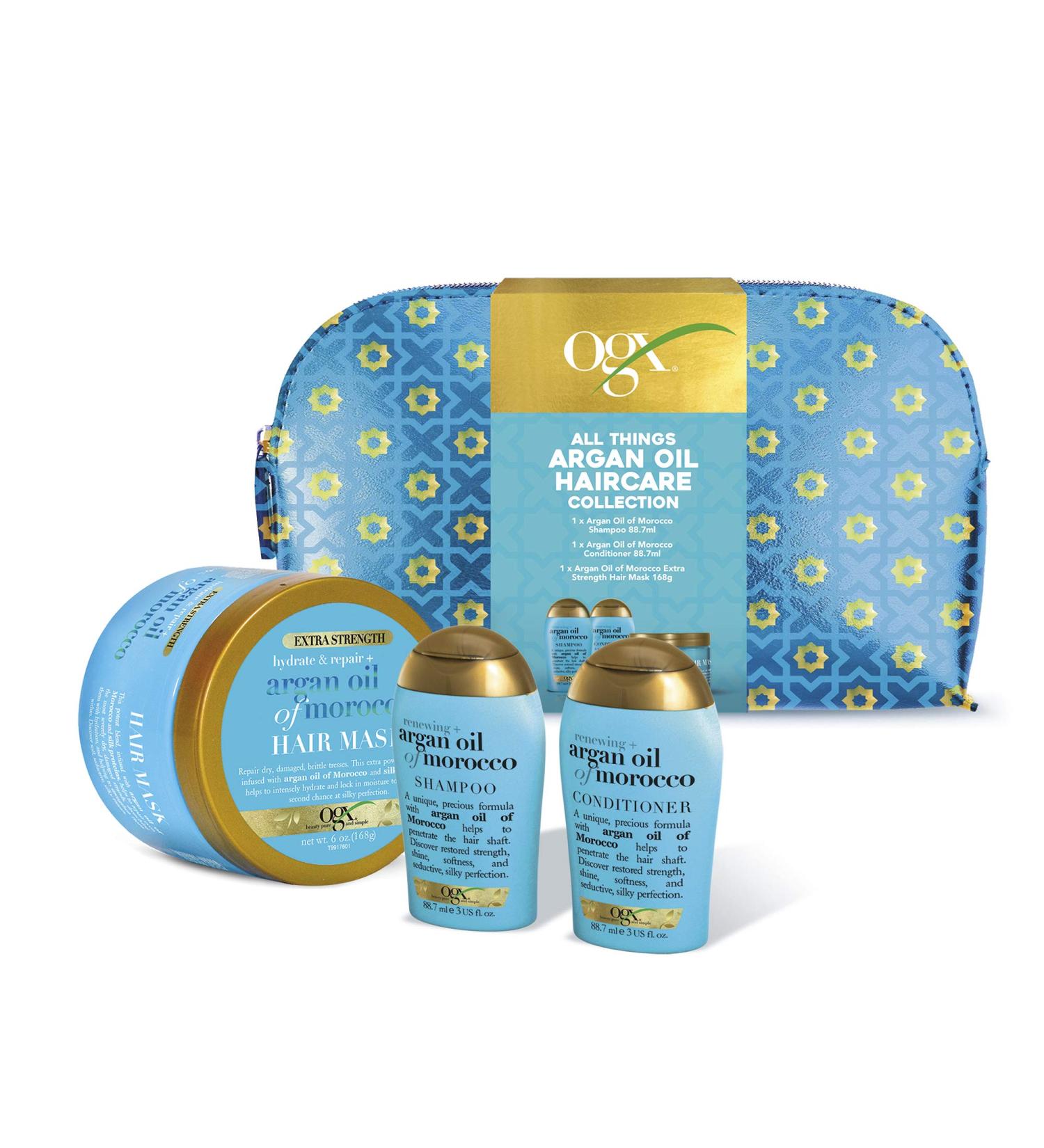 OGX Argan Oil of Morocco Hair Care Gift Set - Shampoo, Conditioner, Mask, Beauty Bag - Buy Online on GoSupps.com